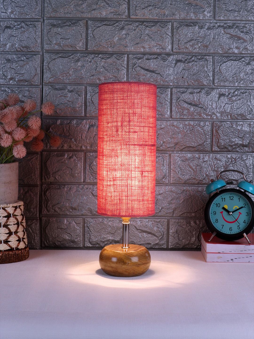 Devansh Rose Pink Wooden Table Lamp With Jute Shade Price in India