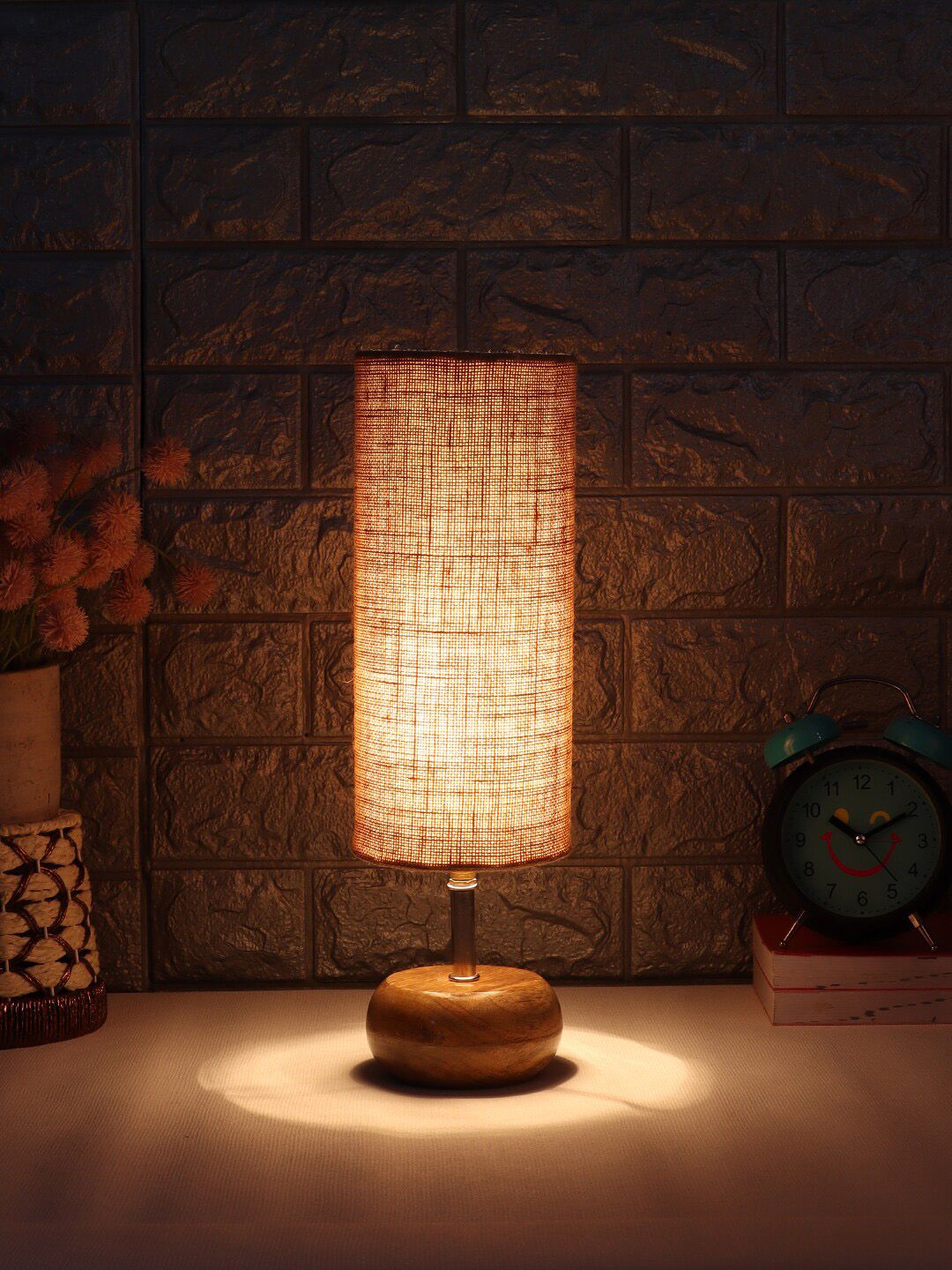 Devansh Beige Cylindrical Shaped Jute Shade Table Lamp With Wooden Stand Price in India