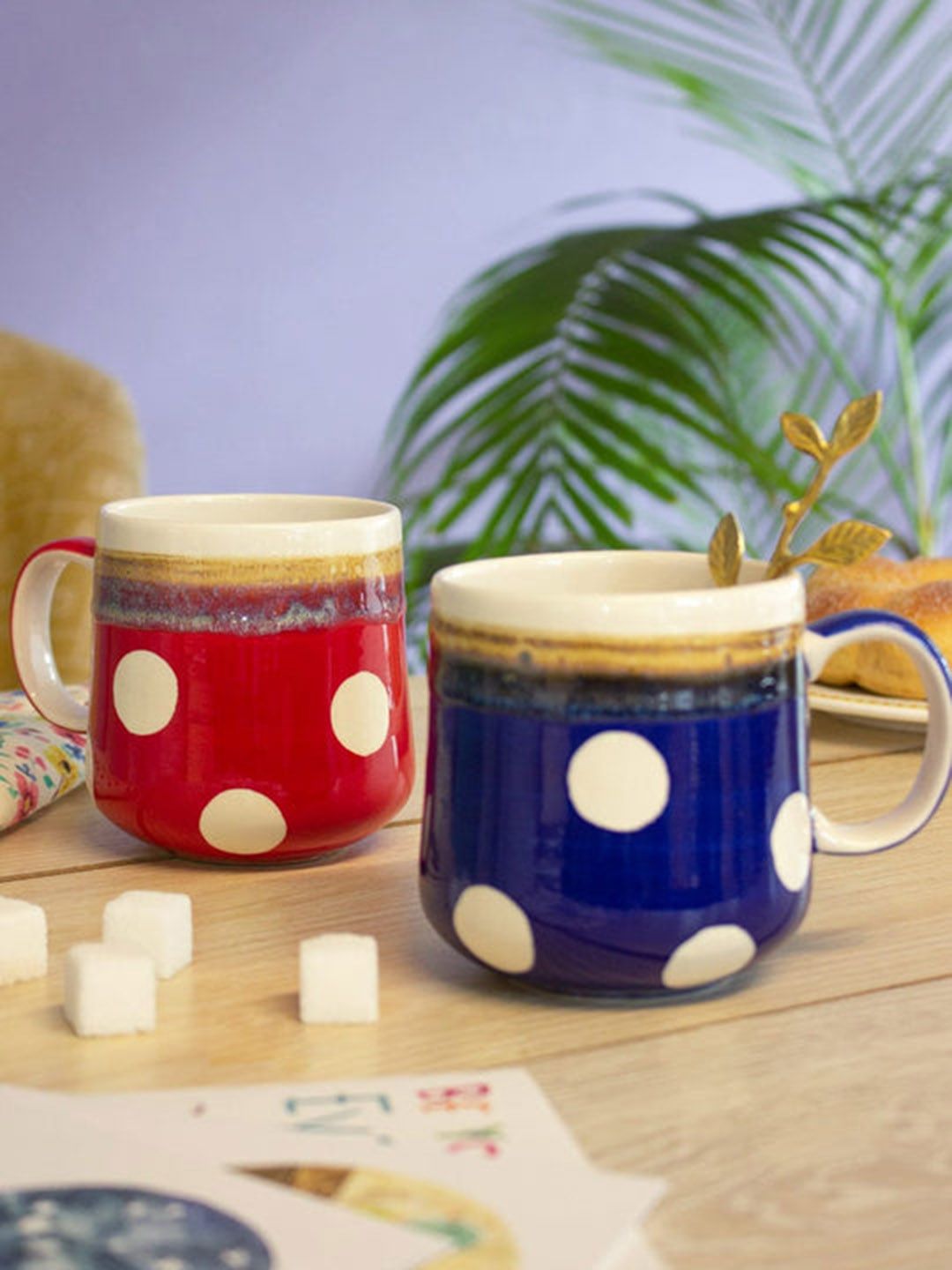 The Wishing Chair Red & Blue Set Of 2 Geometric Printed Stoneware Glossy Mugs Price in India
