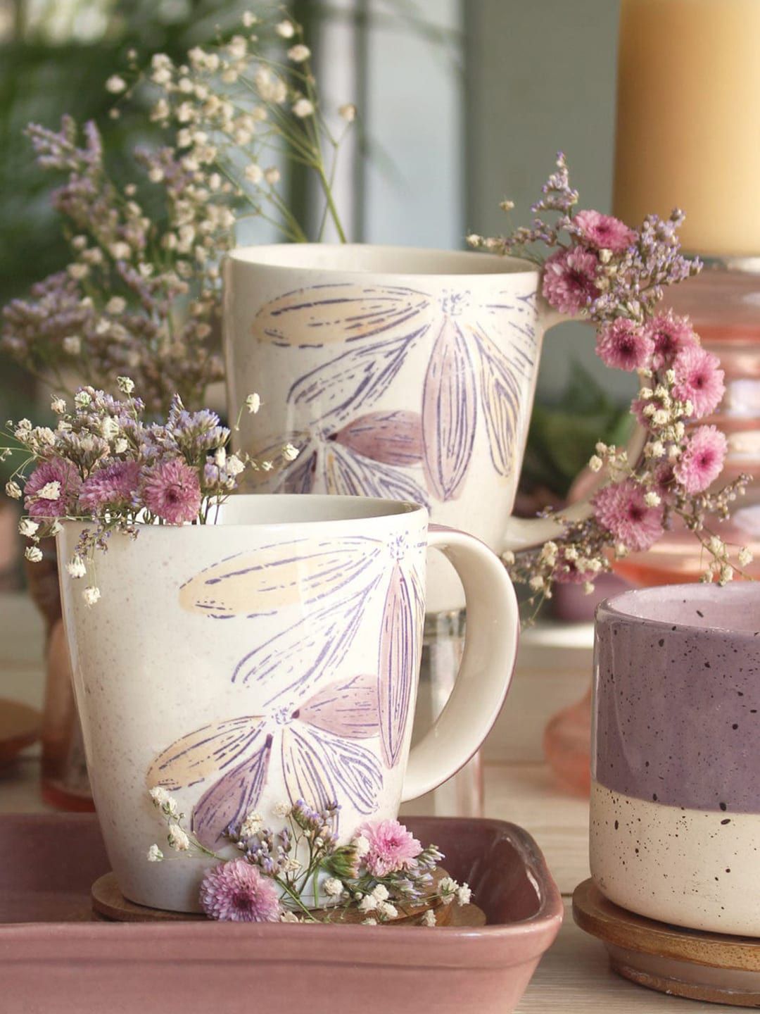 The Wishing Chair White & Purple and Hand Painted Printed Stoneware Glossy Mugs Price in India