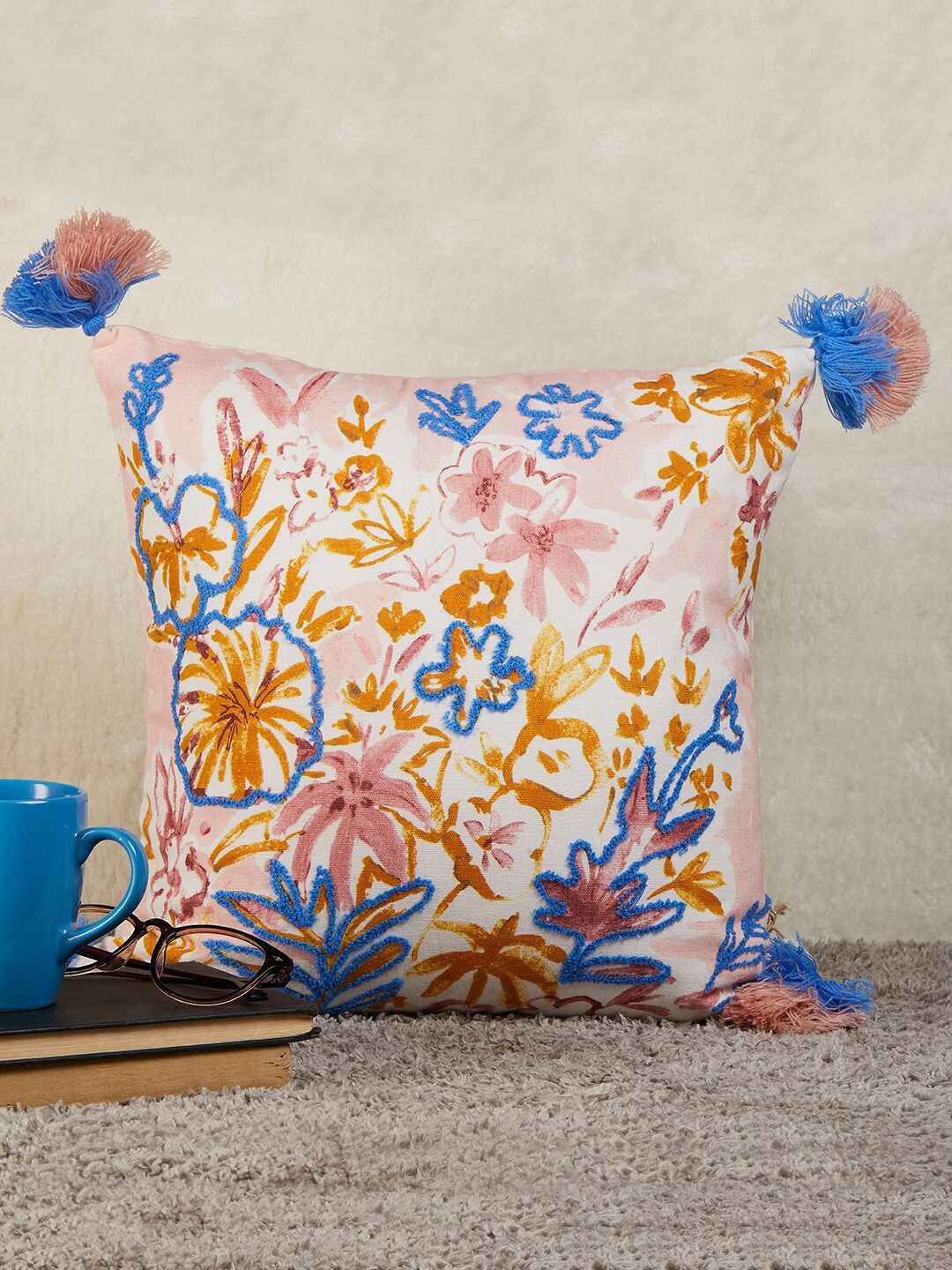 The Wishing Chair Navy Blue & Orange Embroidered Cotton Square Cushion Covers Price in India