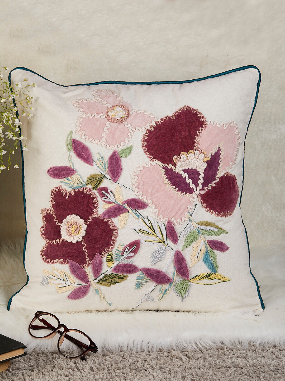 The Wishing Chair White & Purple Embroidered Square Cushion Cover Price in India