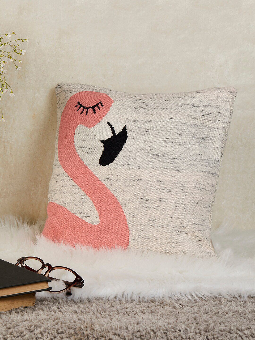 The Wishing Chair Peach-Coloured & Off-White Graphic Knitted Cotton Square Cushion Cover Price in India