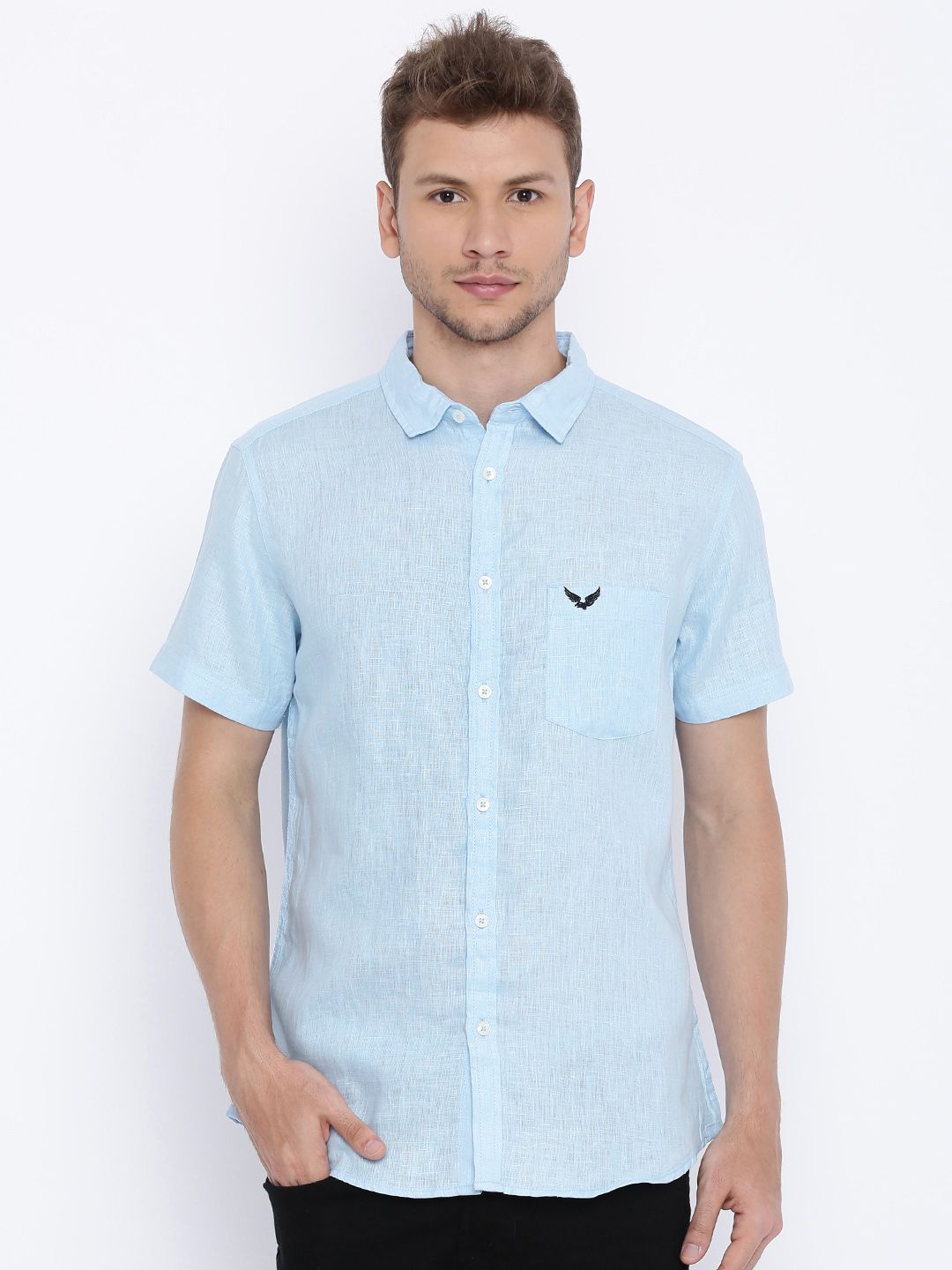 Buy URBAN EAGLE by Pantaloons Men Blue Slim Fit Linen Self-Design