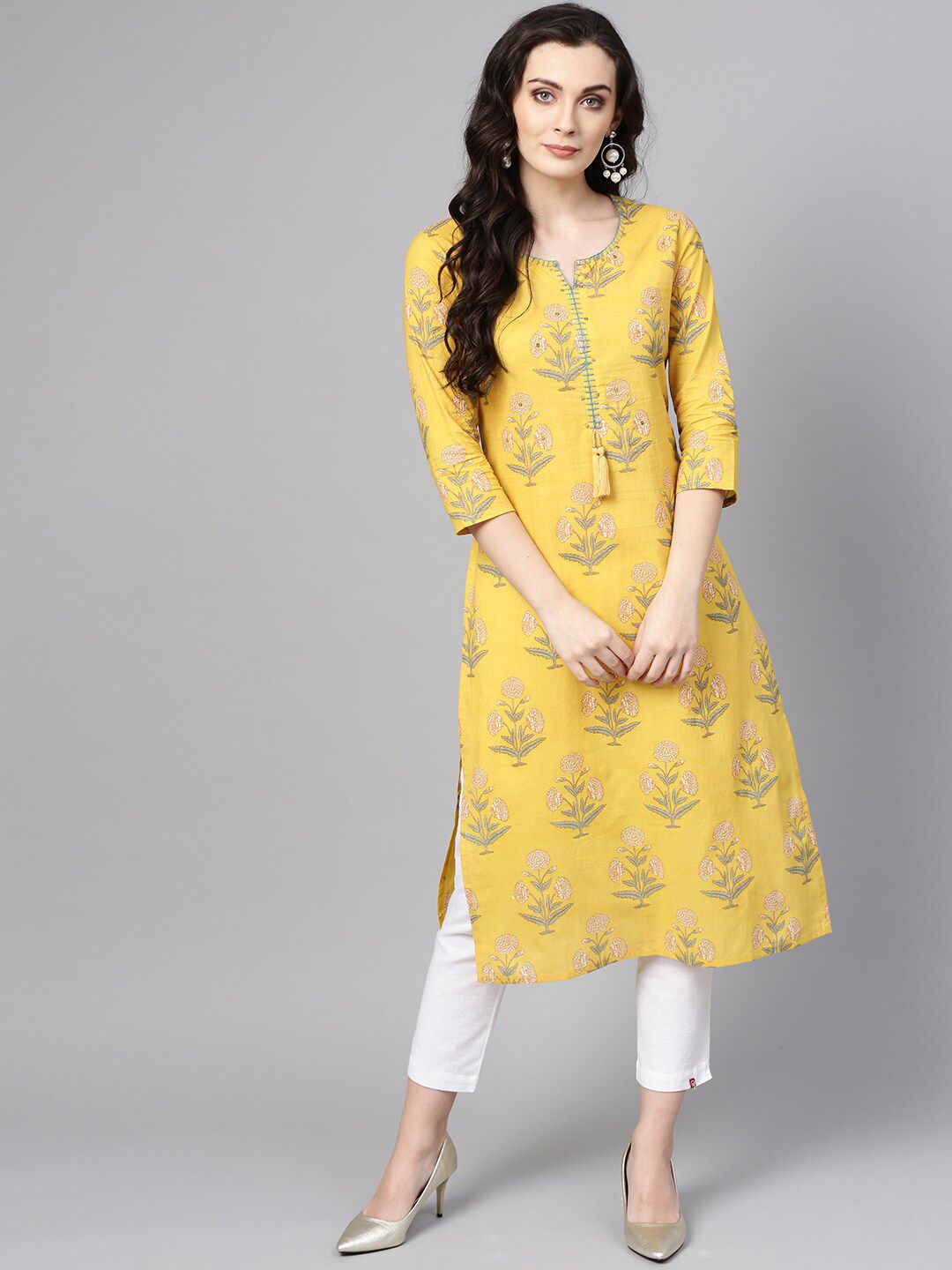 Varanga Women Mustard Yellow Floral Printed Floral Pure Cotton Kurta Price in India