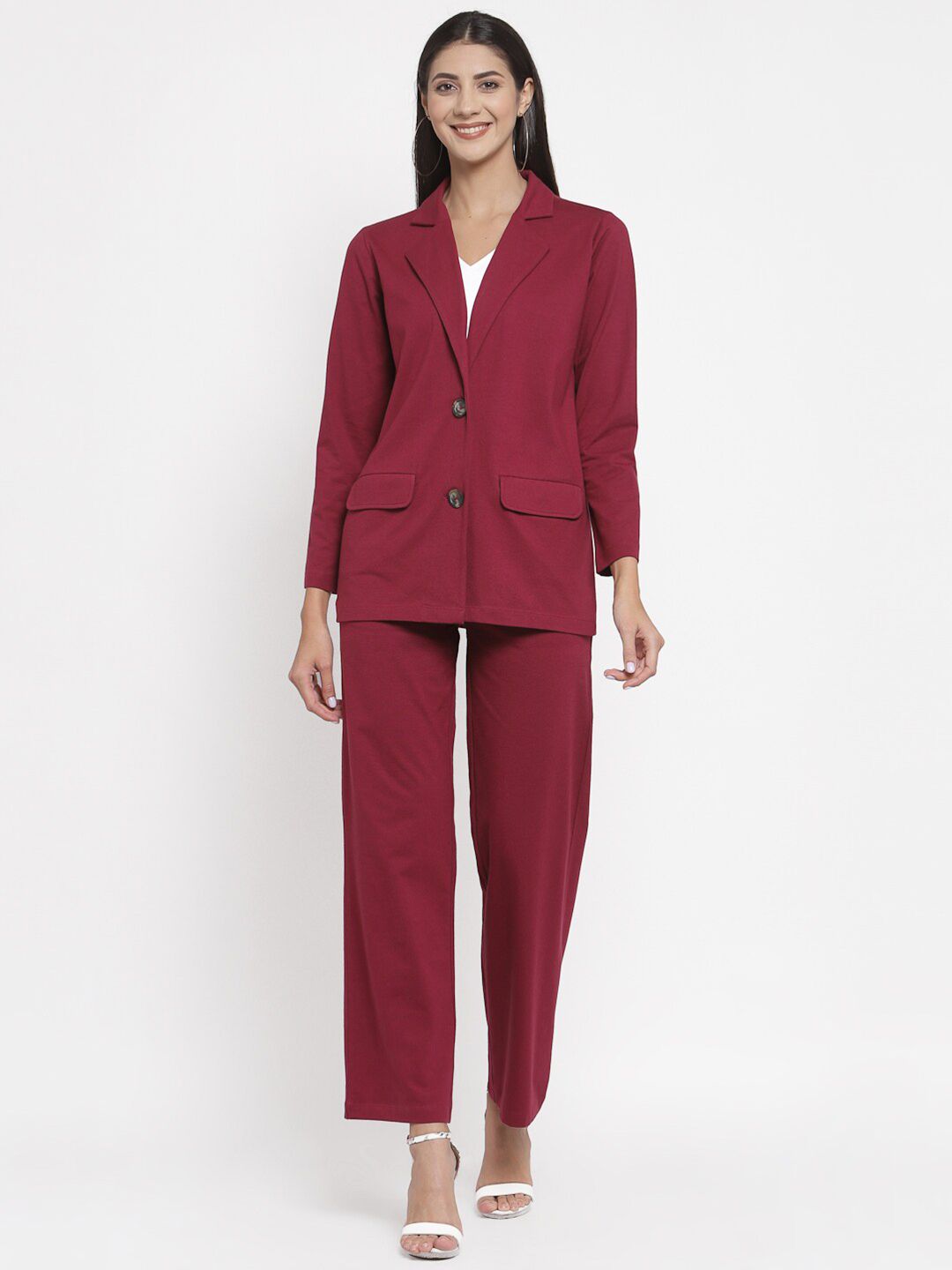 YOONOY Women Burgundy Coat with Trousers