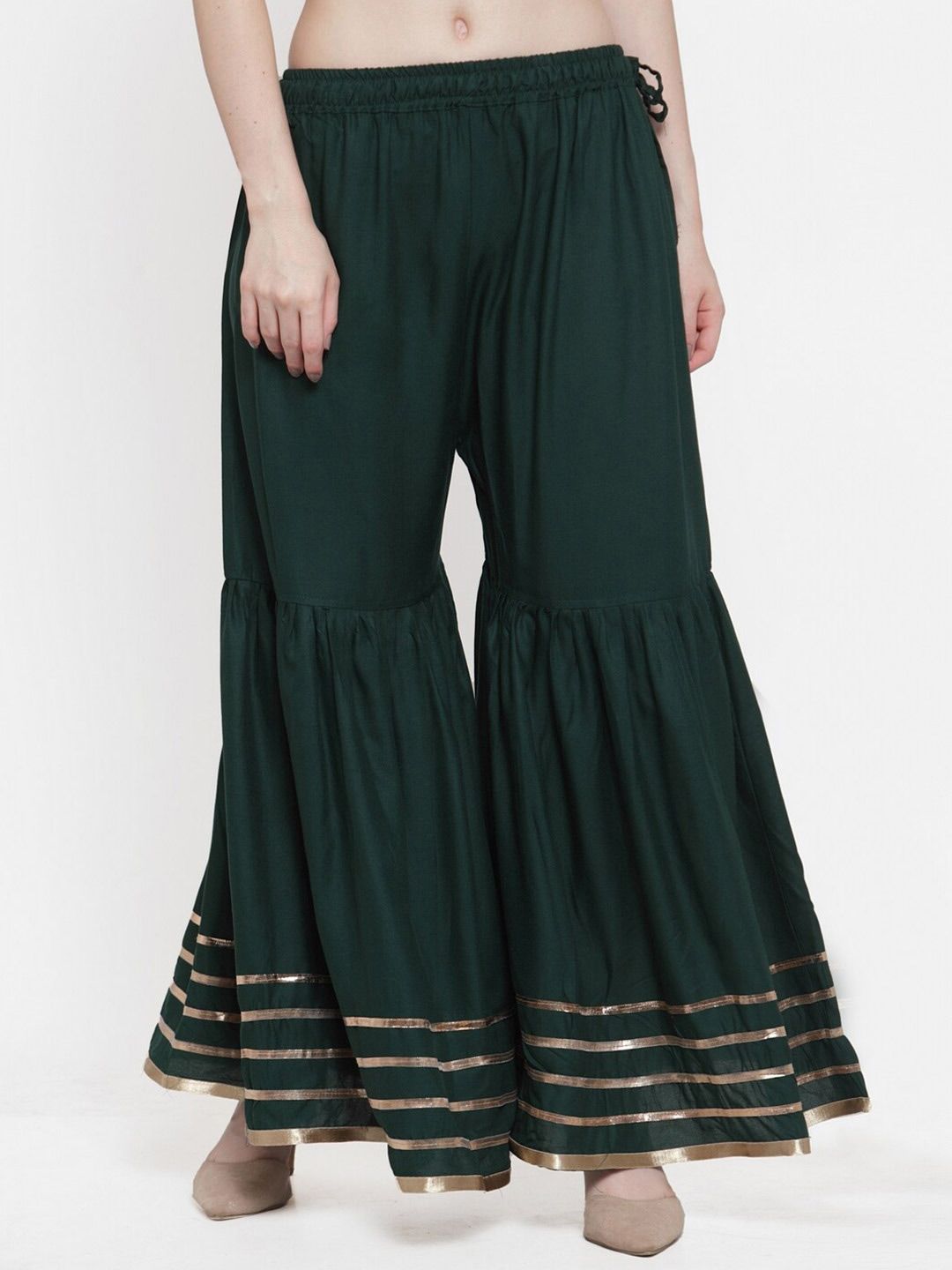 TAG 7 Women Green & Golden Hem Design Flared Ethnic Palazzos Price in India