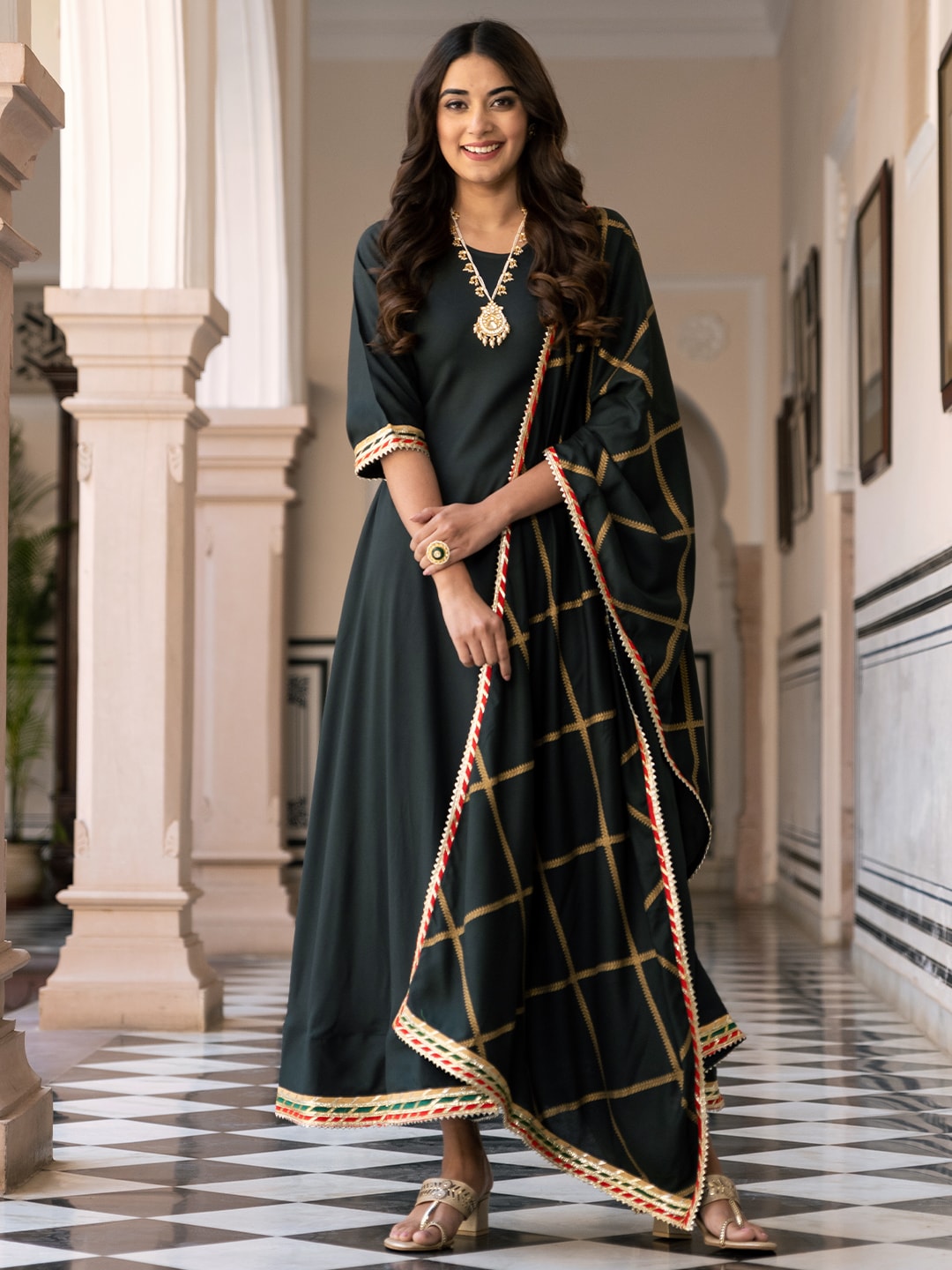 Rustorange Green Maxi Dress with Gota Detailed Dupatta Price in India