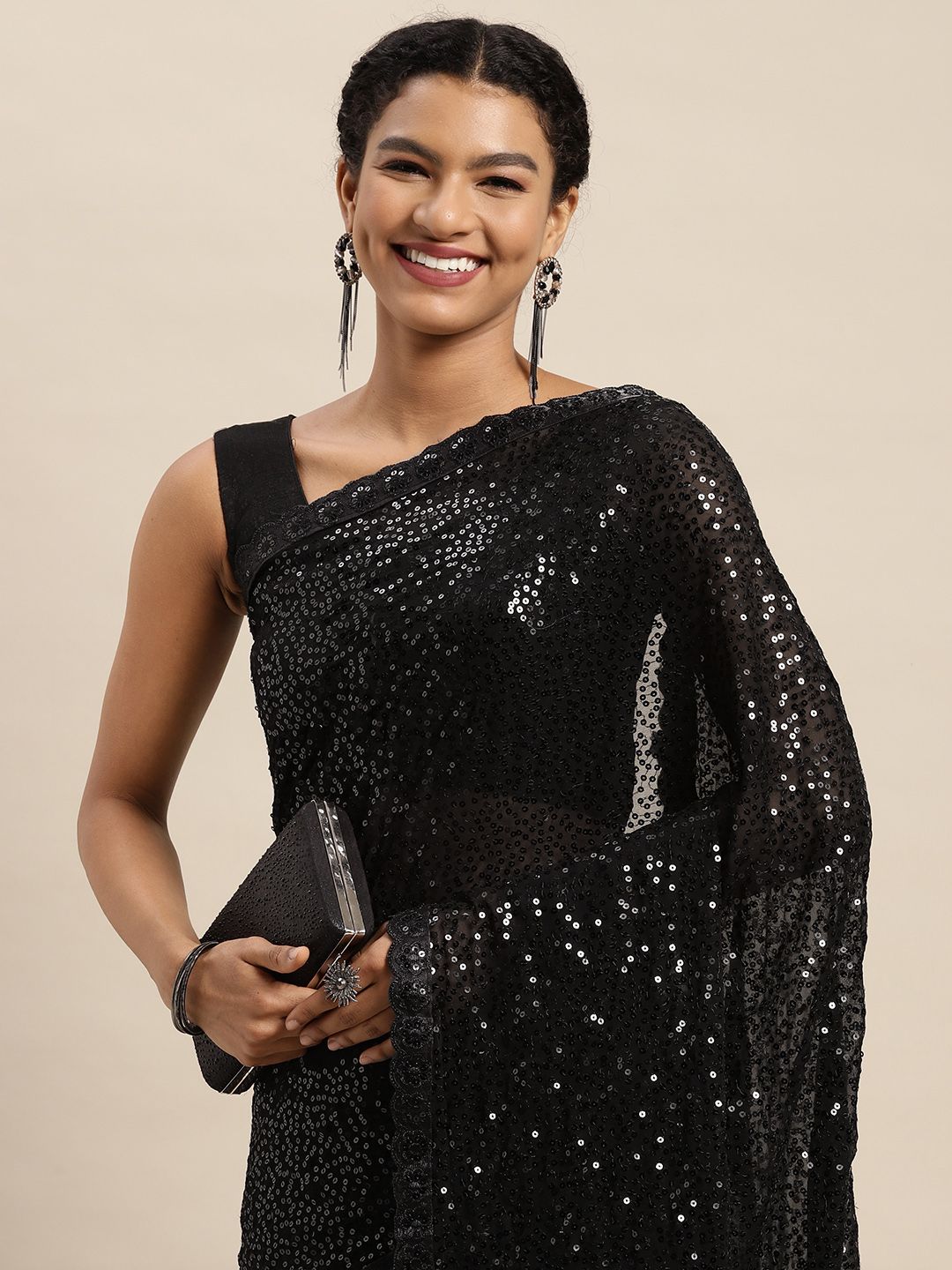 Mitera Black Sequinned Saree Price in India