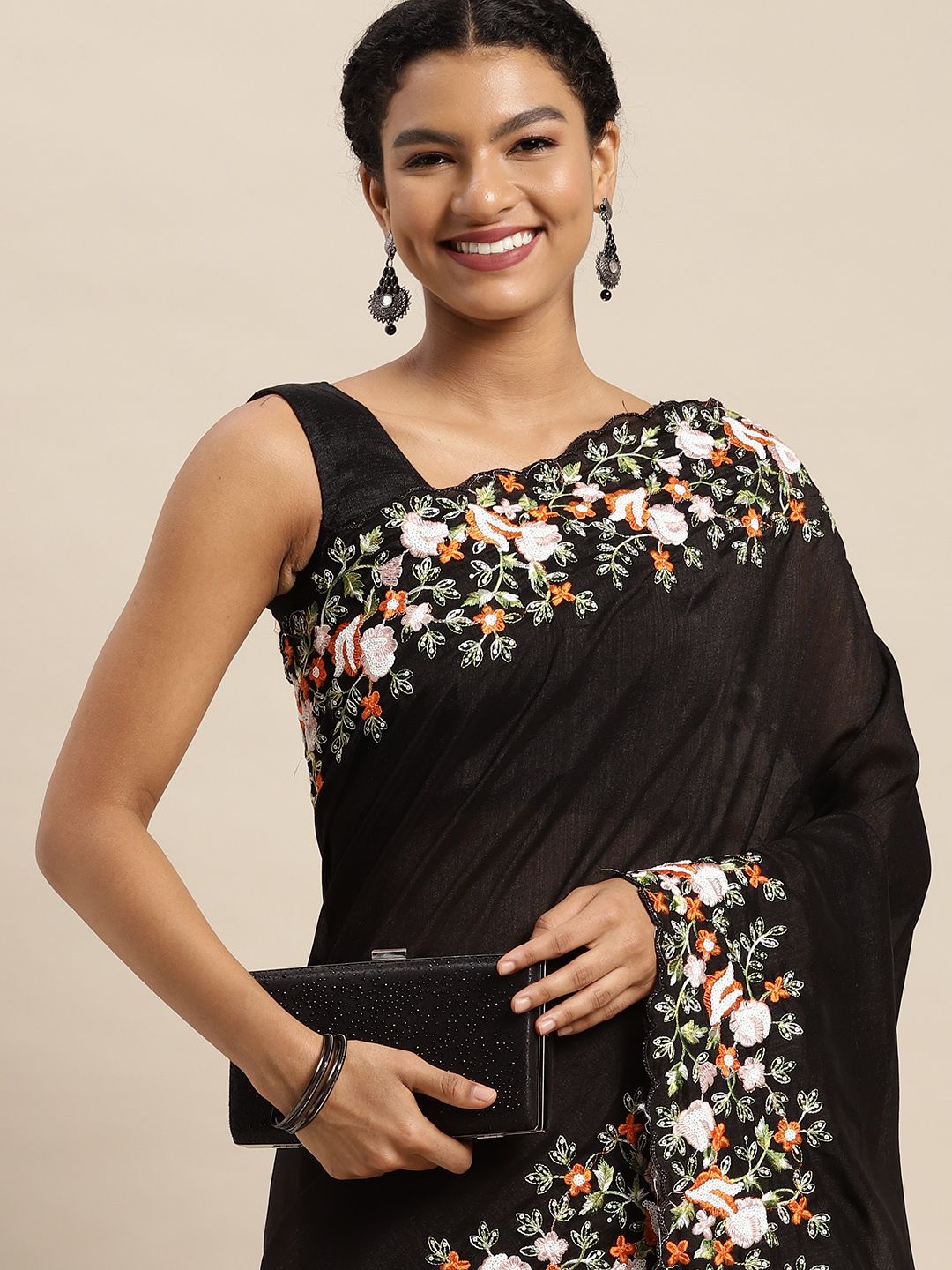 Mitera Women Black Floral Embroidered Sequinned Silk Blend Saree Price in India