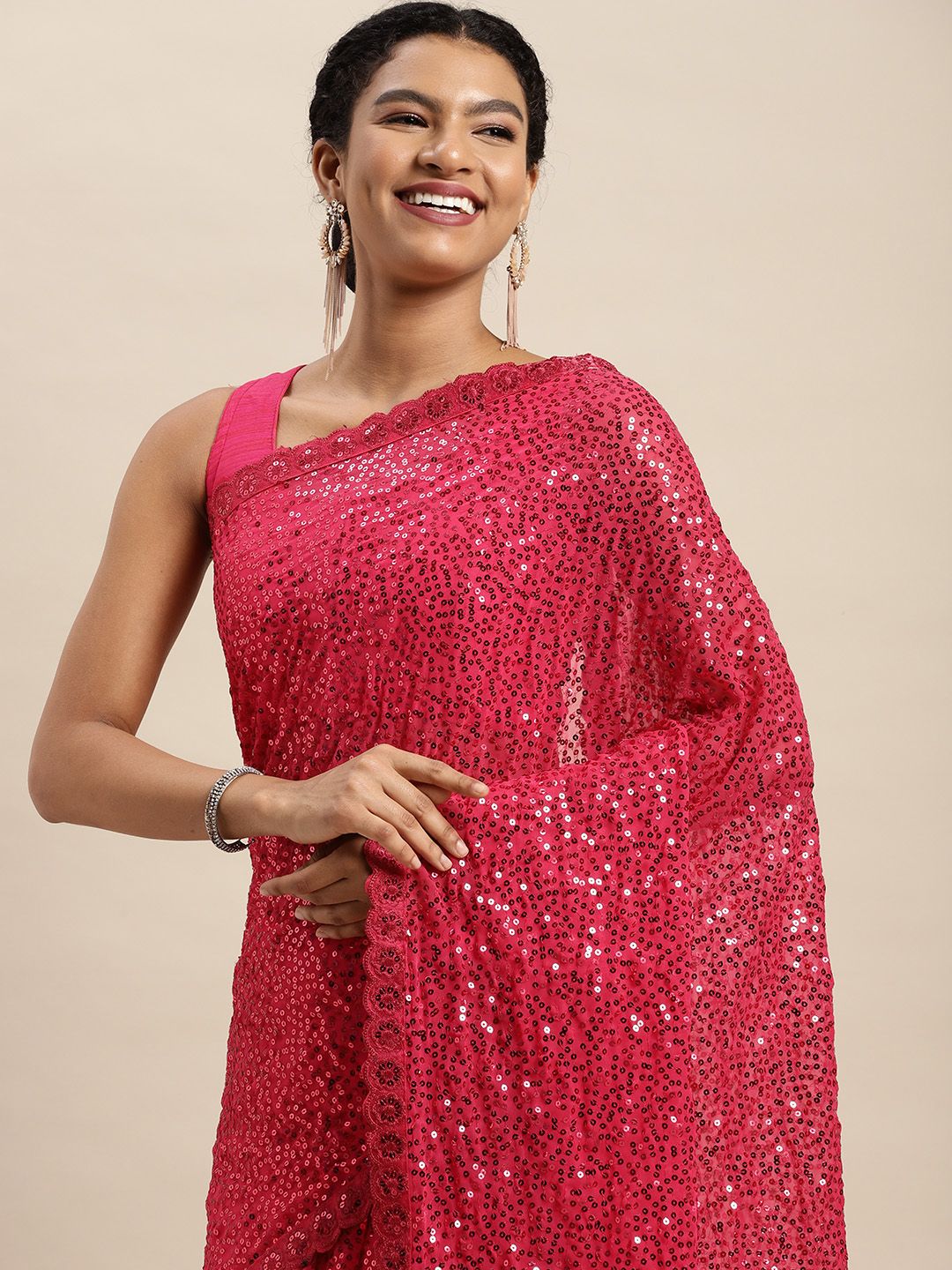 Mitera Pink Sequinned Saree Price in India