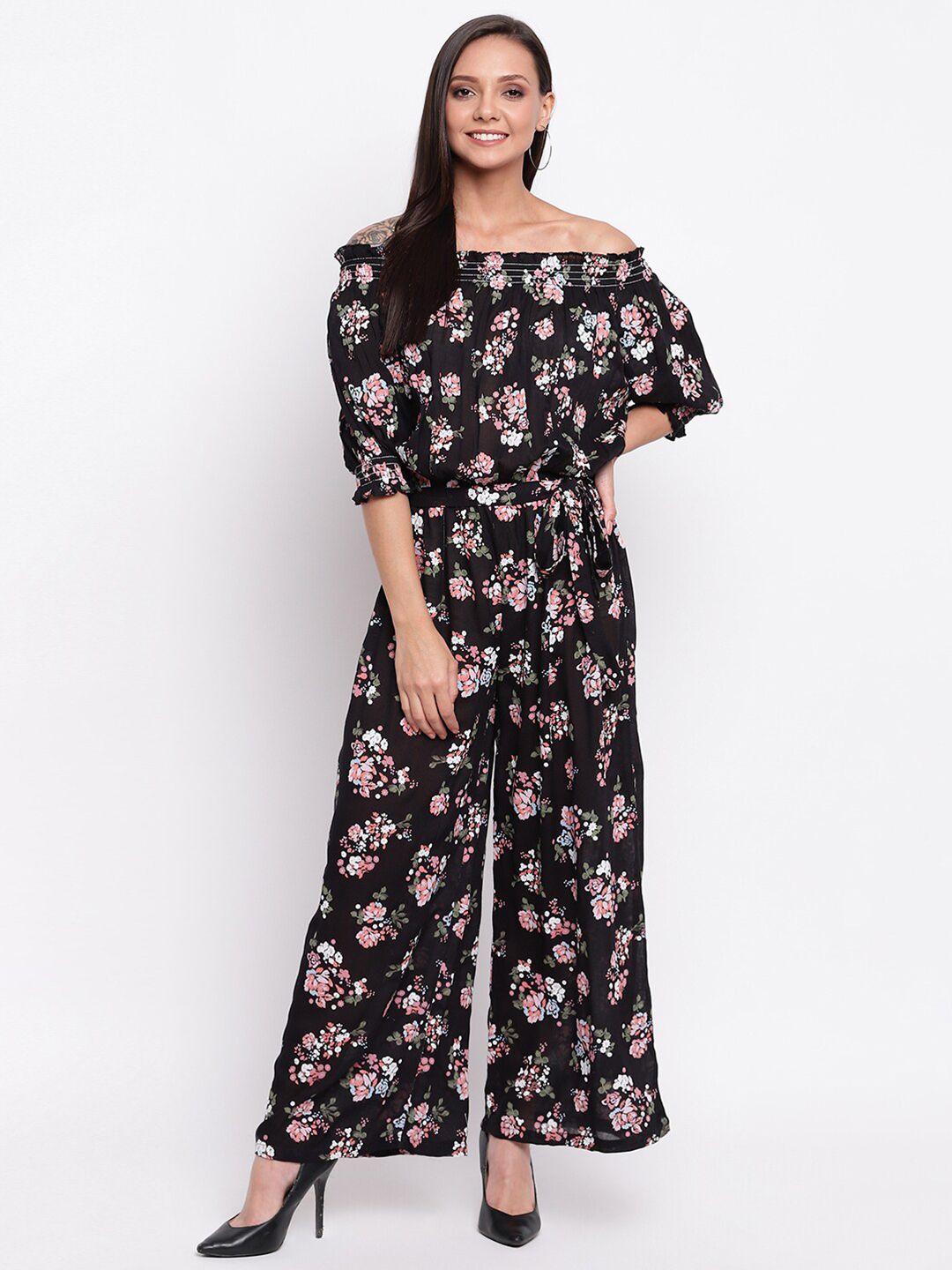 Mayra Black & Pink Off-Shoulder Printed Culotte Jumpsuit Price in India