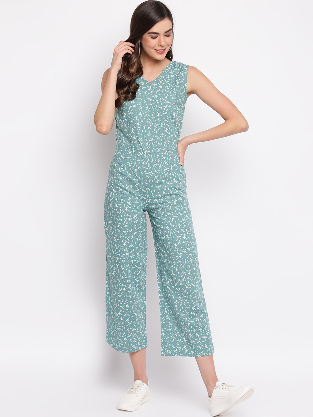 Mayra Green & Off White Printed Cotton Culotte Jumpsuit Price in India