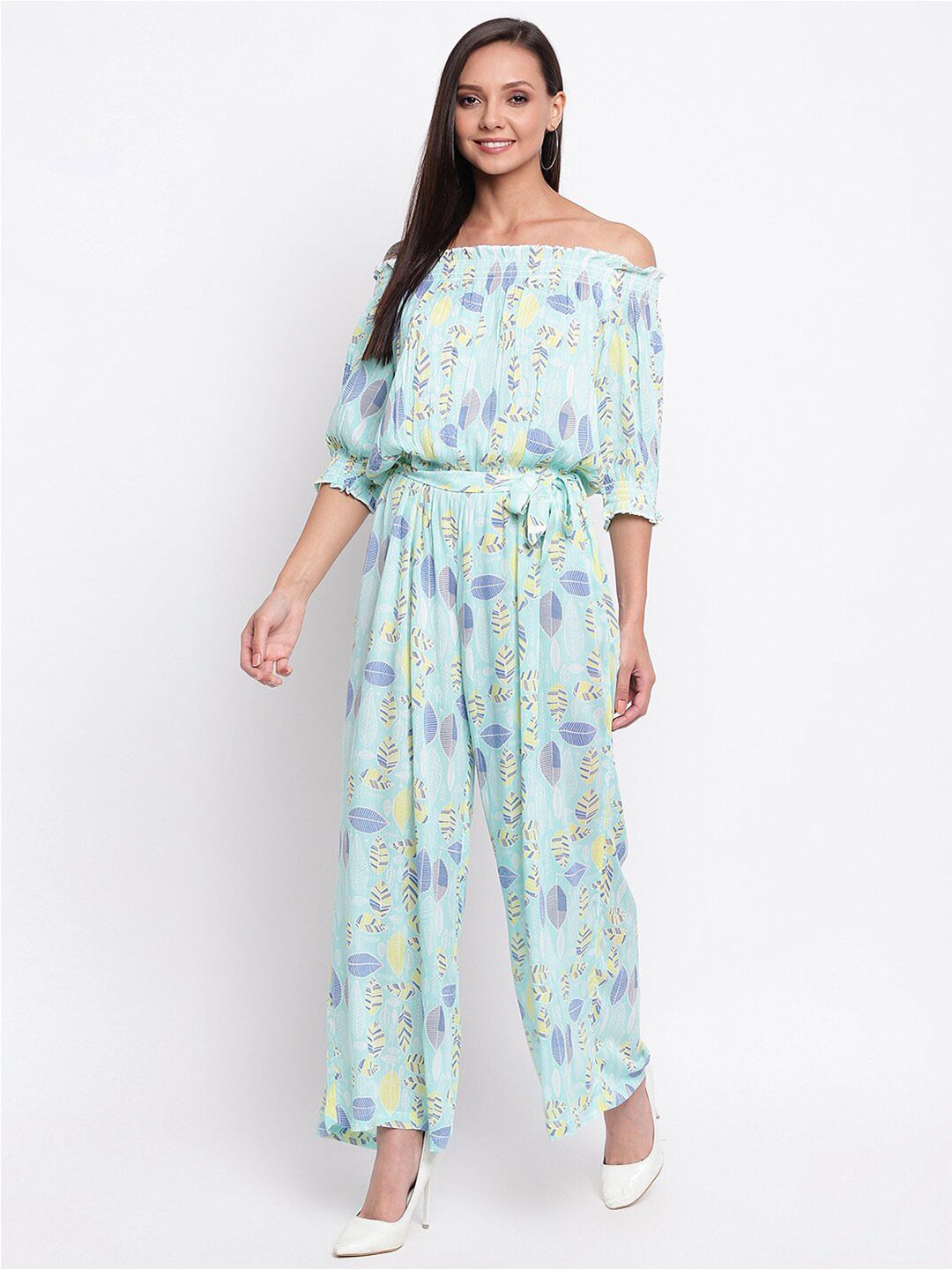 Mayra Blue & Yellow Off-Shoulder Printed Basic Jumpsuit Price in India