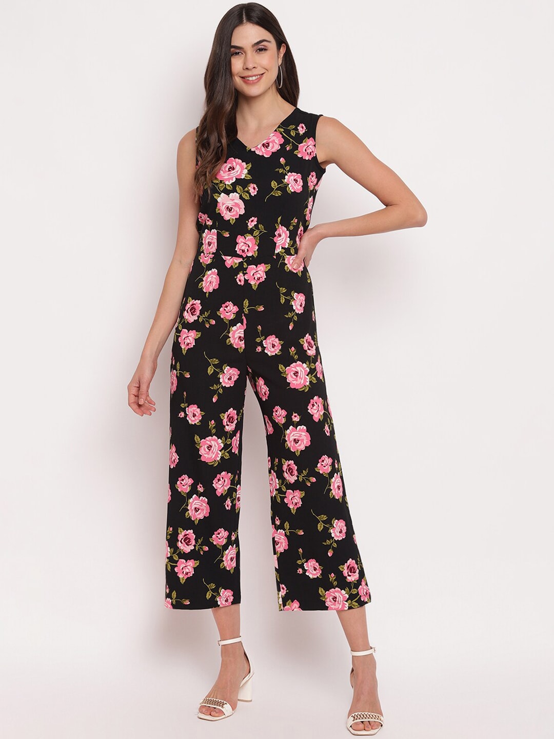 Mayra Black & Pink Floral Printed Basic Jumpsuit Price in India