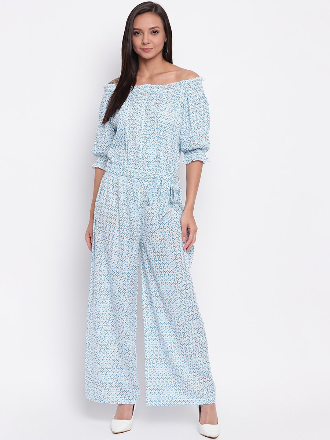 Mayra White & Blue Off-Shoulder Printed Basic Jumpsuit Price in India