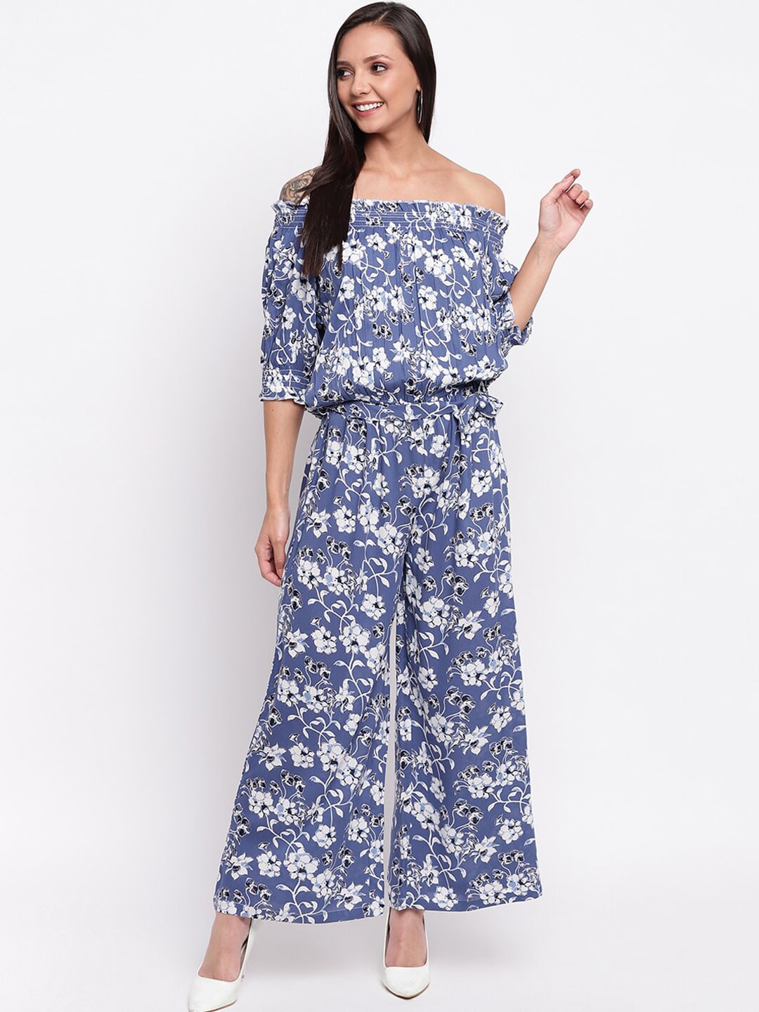Mayra Women Blue & White Off-Shoulder Floral Printed Basic Jumpsuit Price in India