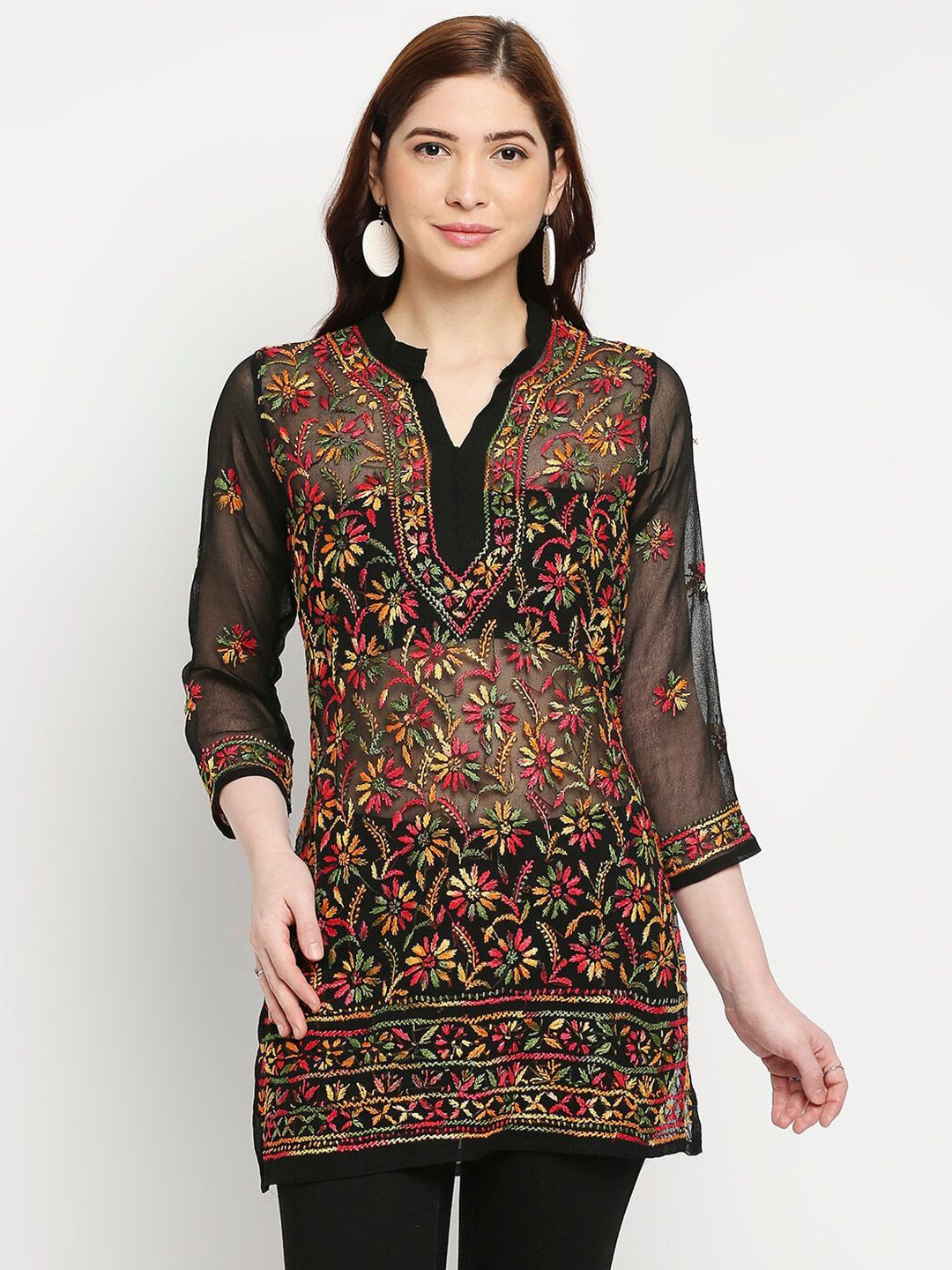 Indiankala4u Black Floral Print Mandarin Collar Top