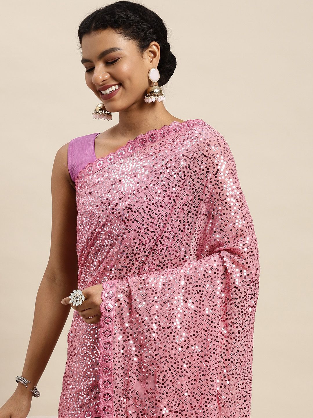 Mitera Pink Sequinned Saree Price in India