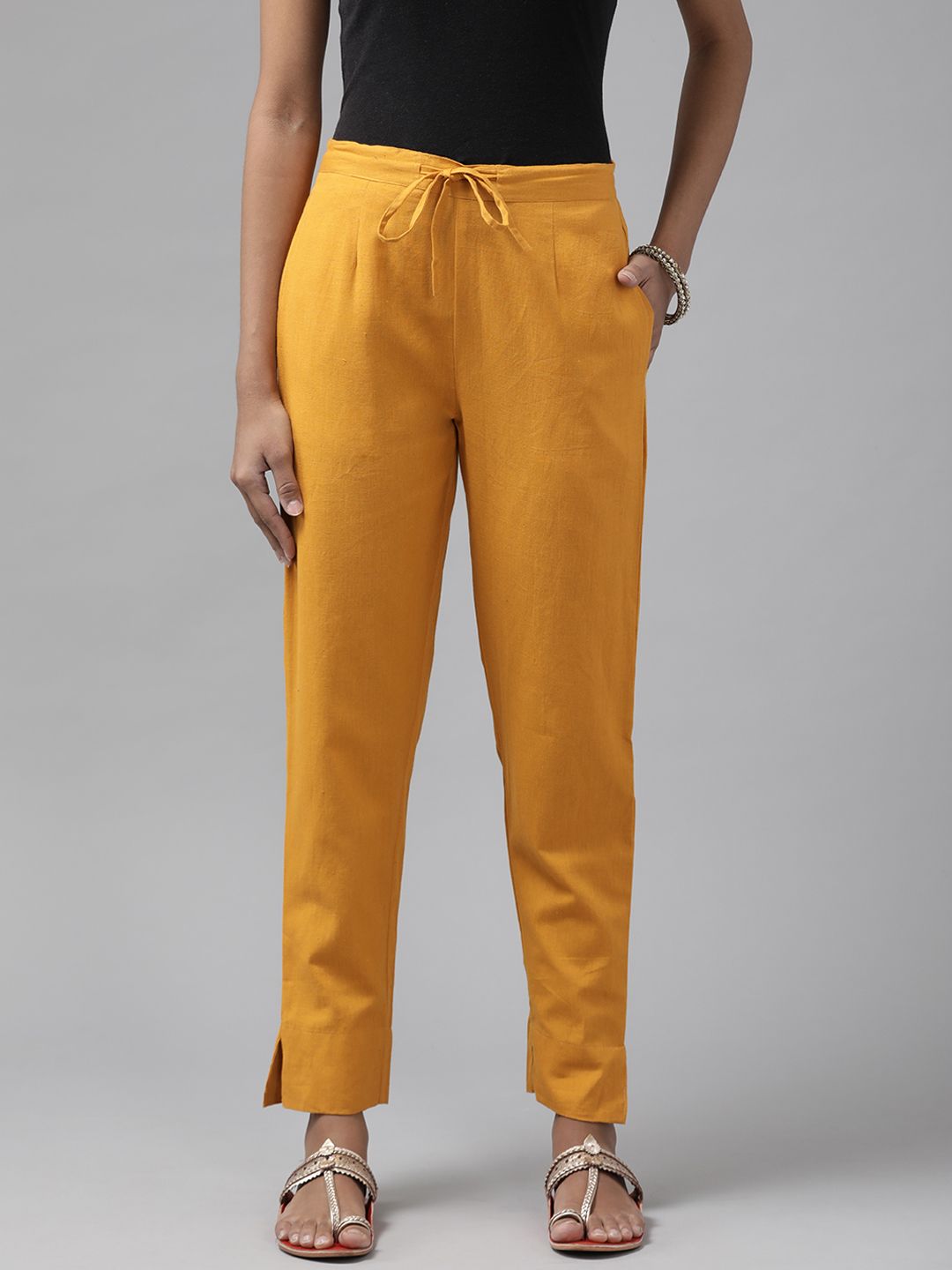 Yufta Women Yellow Slim Fit Pure Cotton Trousers Price in India