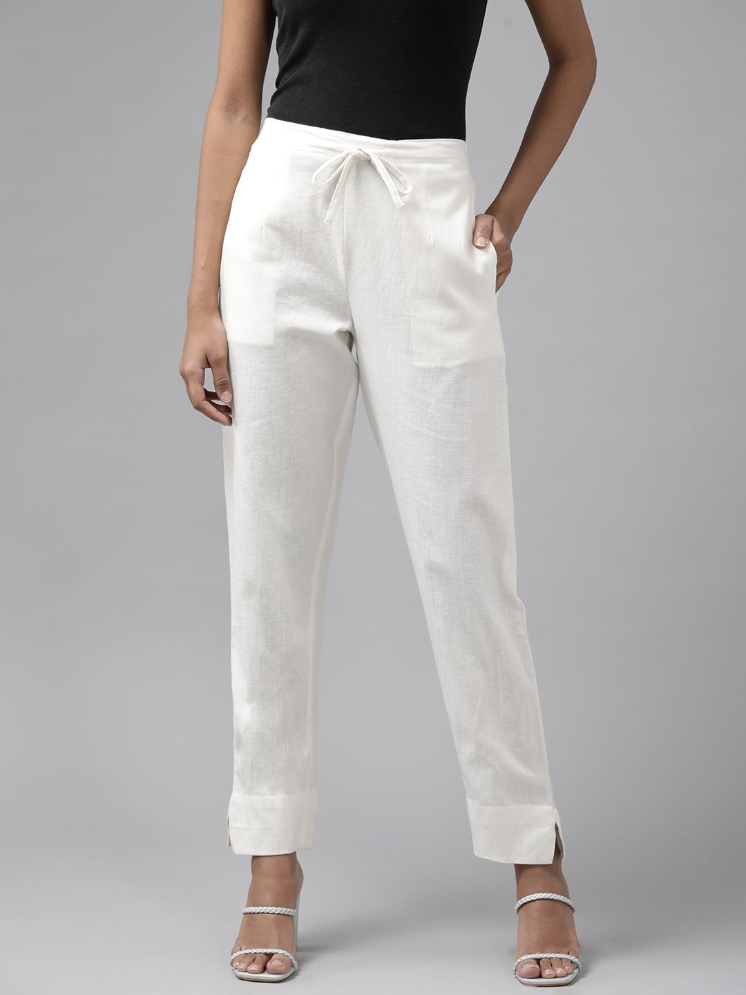 Yufta Women White Slim Fit Pure Cotton Trousers Price in India