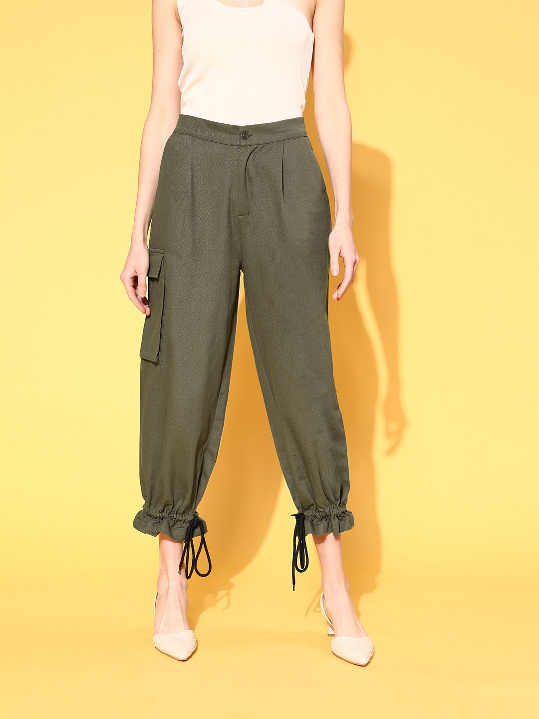 SASSAFRAS Women Lovely Olive Solid Y2K Cargo Trousers Price in India