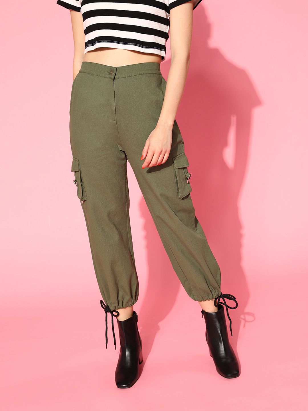 SASSAFRAS Women Lovely Olive Solid Y2K Cargo Trousers Price in India