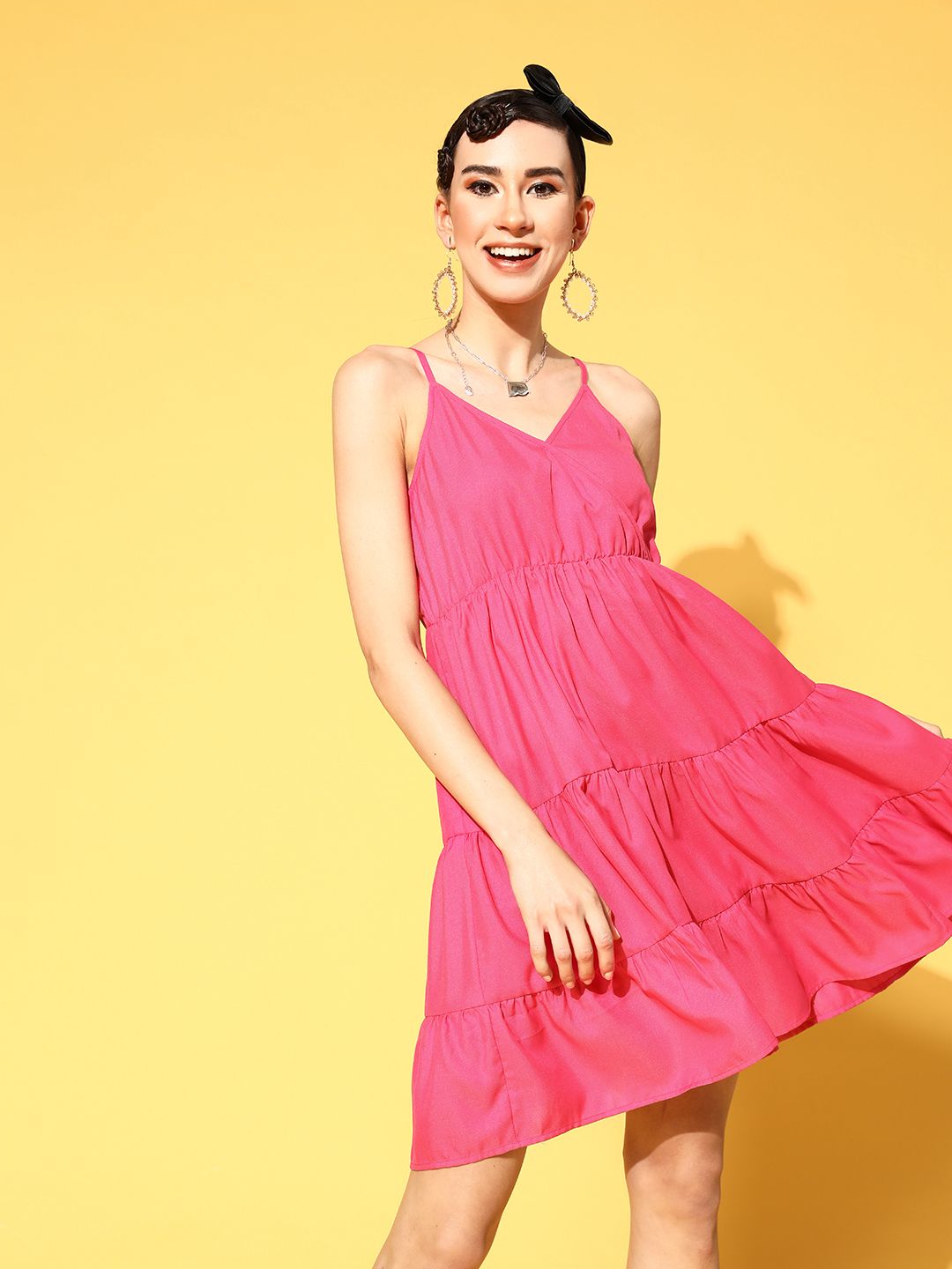 SASSAFRAS Women Pretty Pink Solid New Neckline Dress Price in India