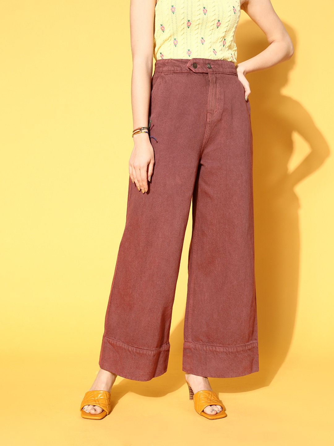 SASSAFRAS Women Chic Rust High-Rise Wide Leg Fit Jeans Price in India