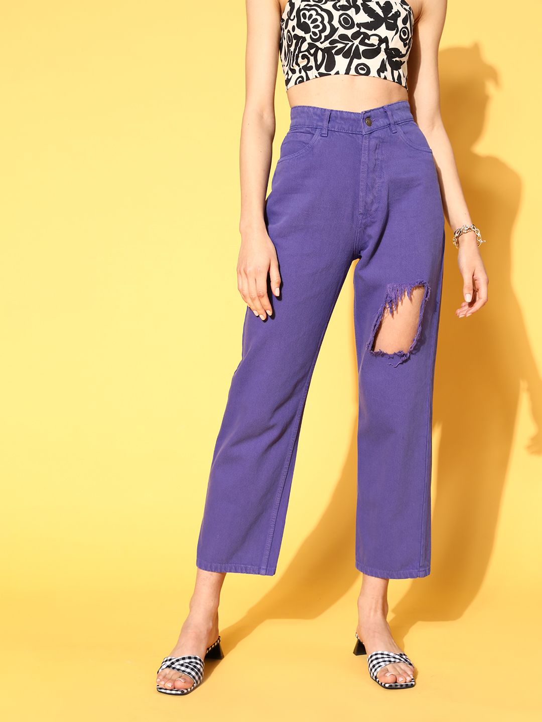 SASSAFRAS Women Elegant Purple High-Rise Straight Fit Jeans Price in India