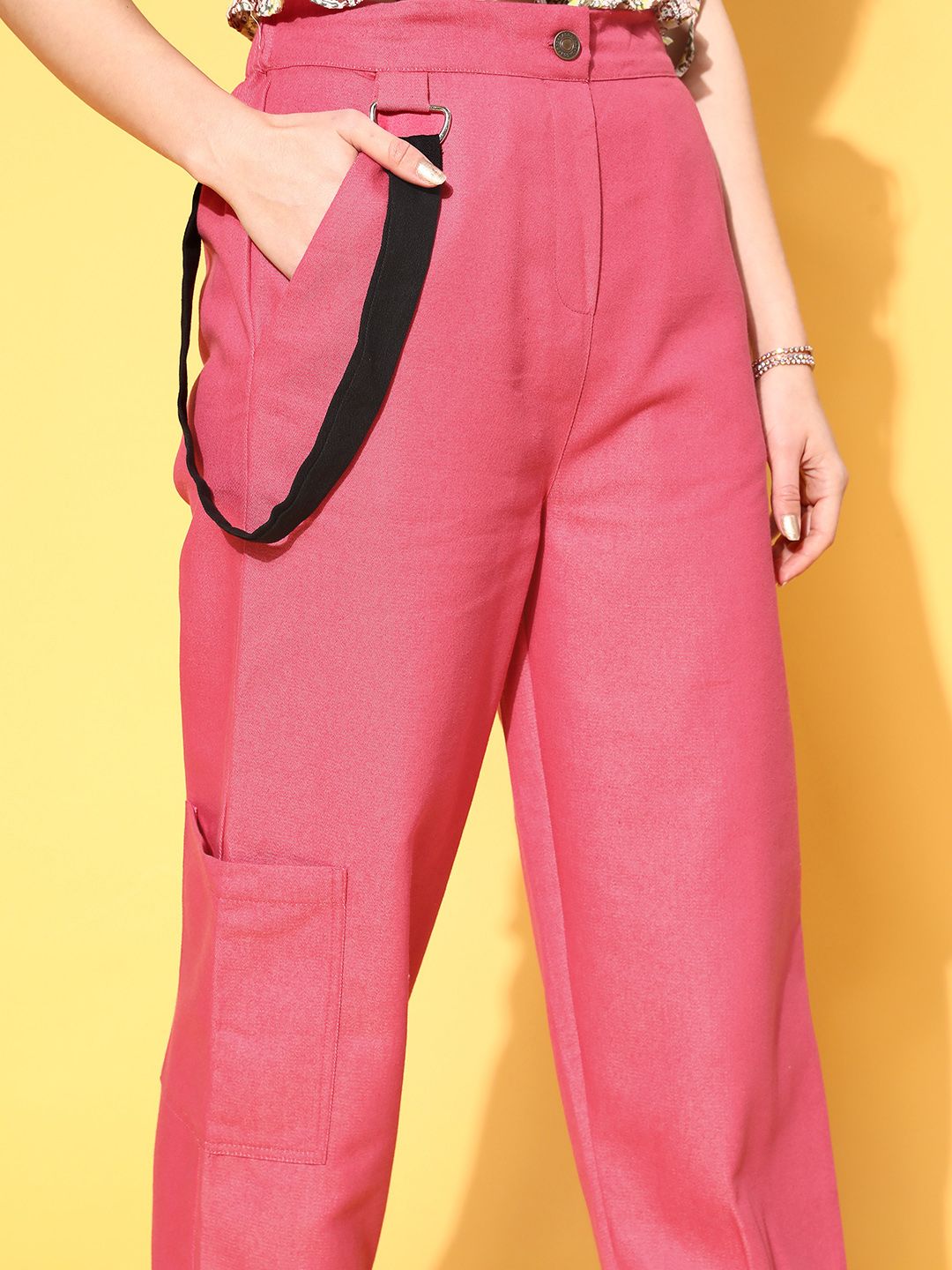 SASSAFRAS Women Bright Fuchsia Solid Y2K Cargo Trousers Price in India