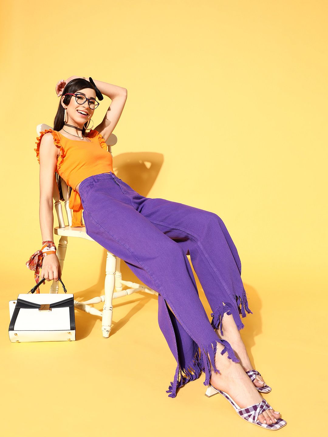SASSAFRAS Women Elegant Purple High-Rise Flared Fit Jeans Price in India