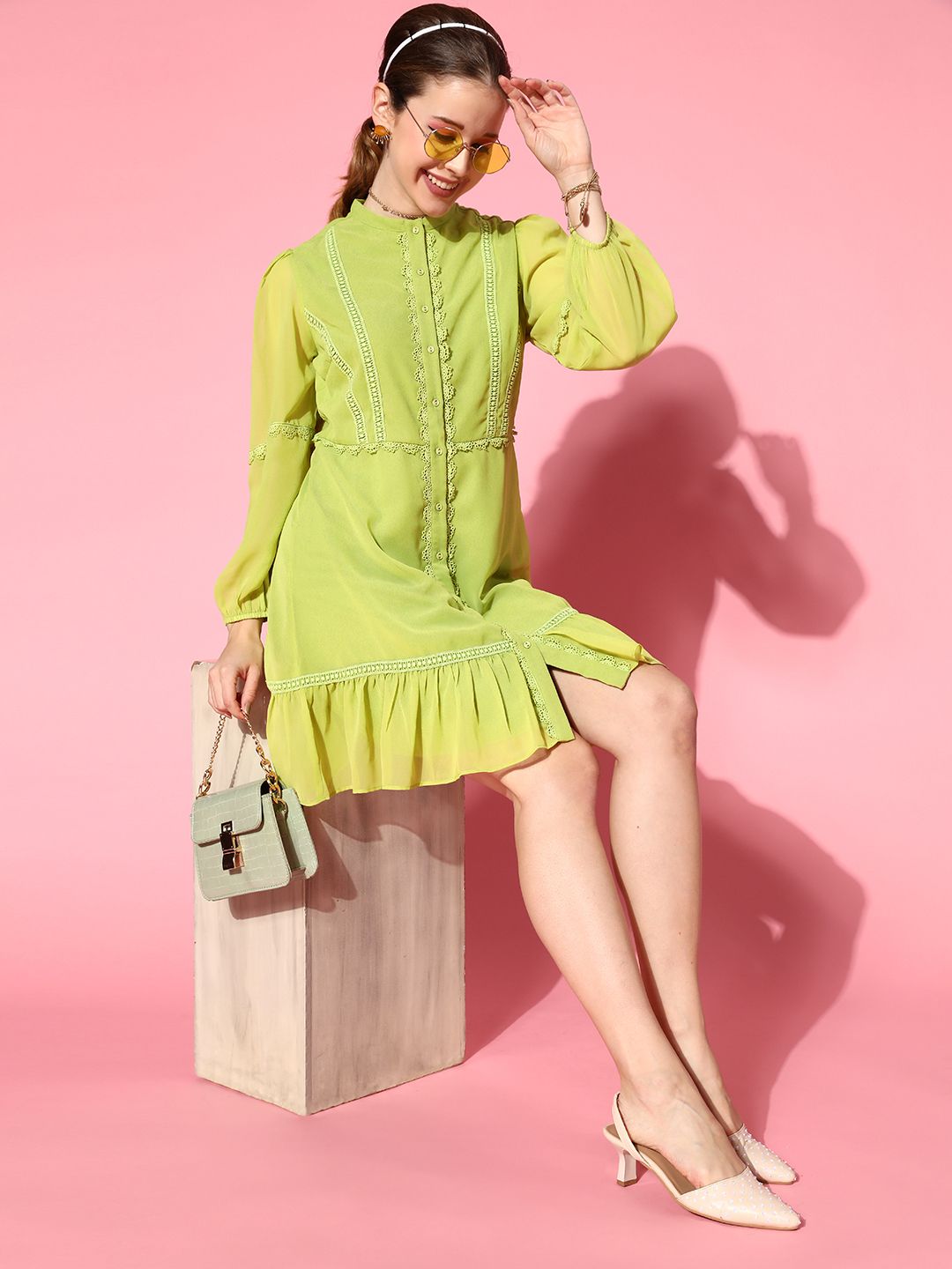 SASSAFRAS Women Attractive Lime Green Solid Feminine Frills Dress Price in India