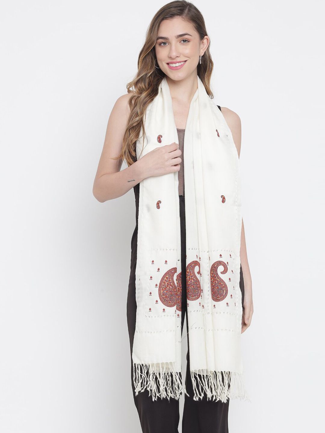 Pashtush Women White Printed Woolen Shawl Price in India