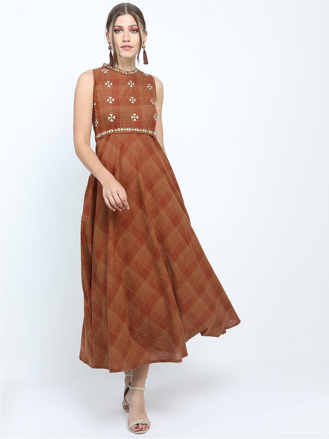 Vishudh Brown Checked Ethnic Maxi Dress Price in India