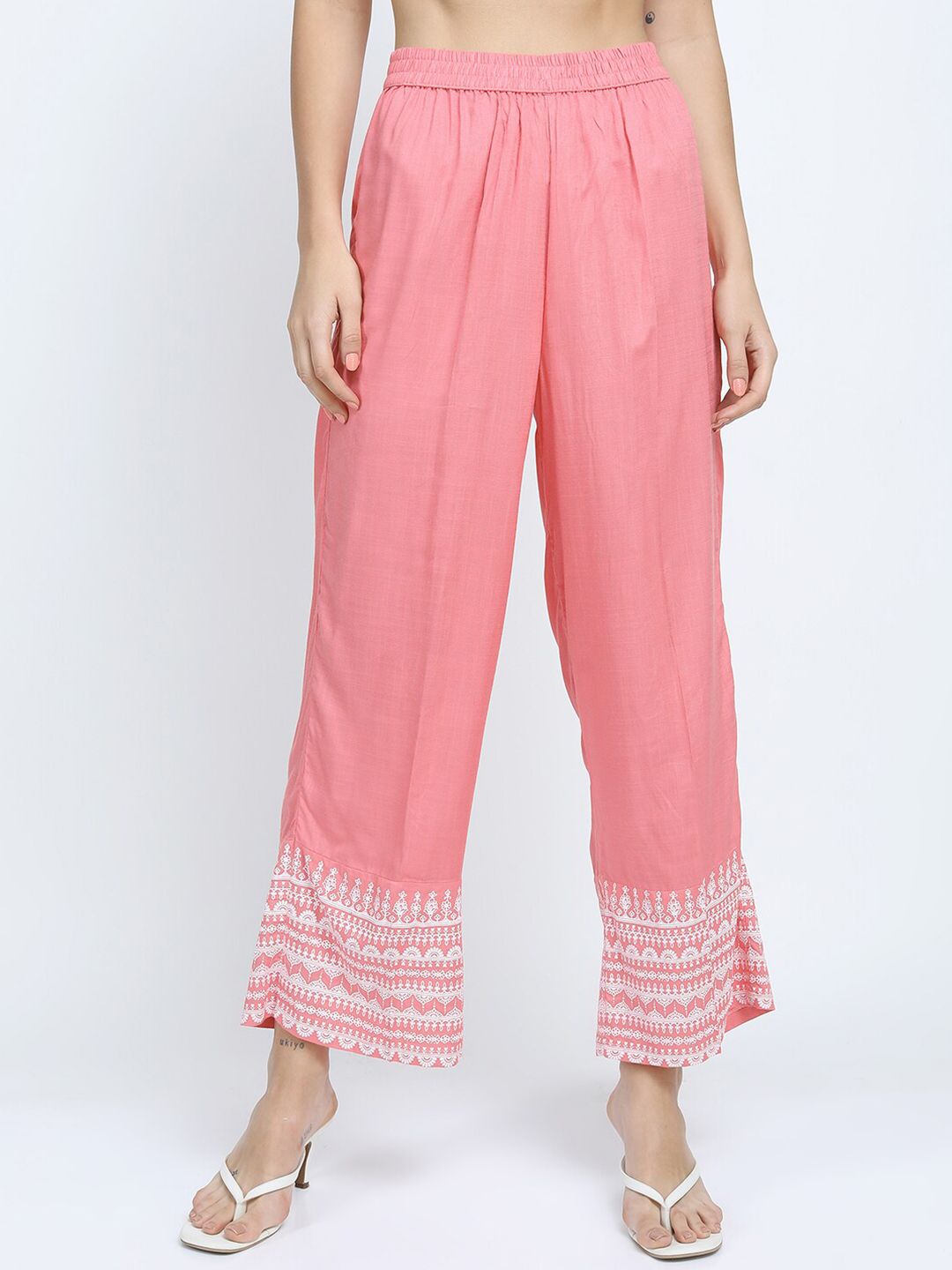 Vishudh Women Pink & White Ethnic Motifs Embroidered Ethnic Palazzos