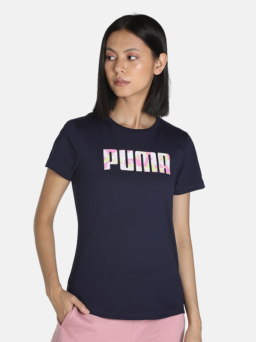 Puma Women Navy Blue & White Brand Logo Printed Regular Fit Cotton T-shirt Price in India