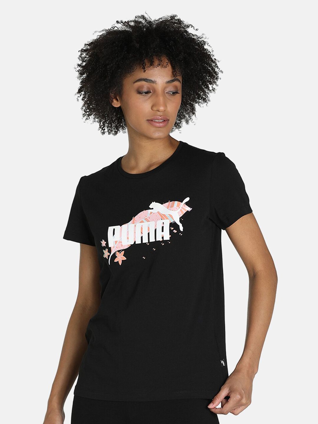 Puma Women Black Brand Logo Printed Training or Gym Cotton T-shirt Price in India