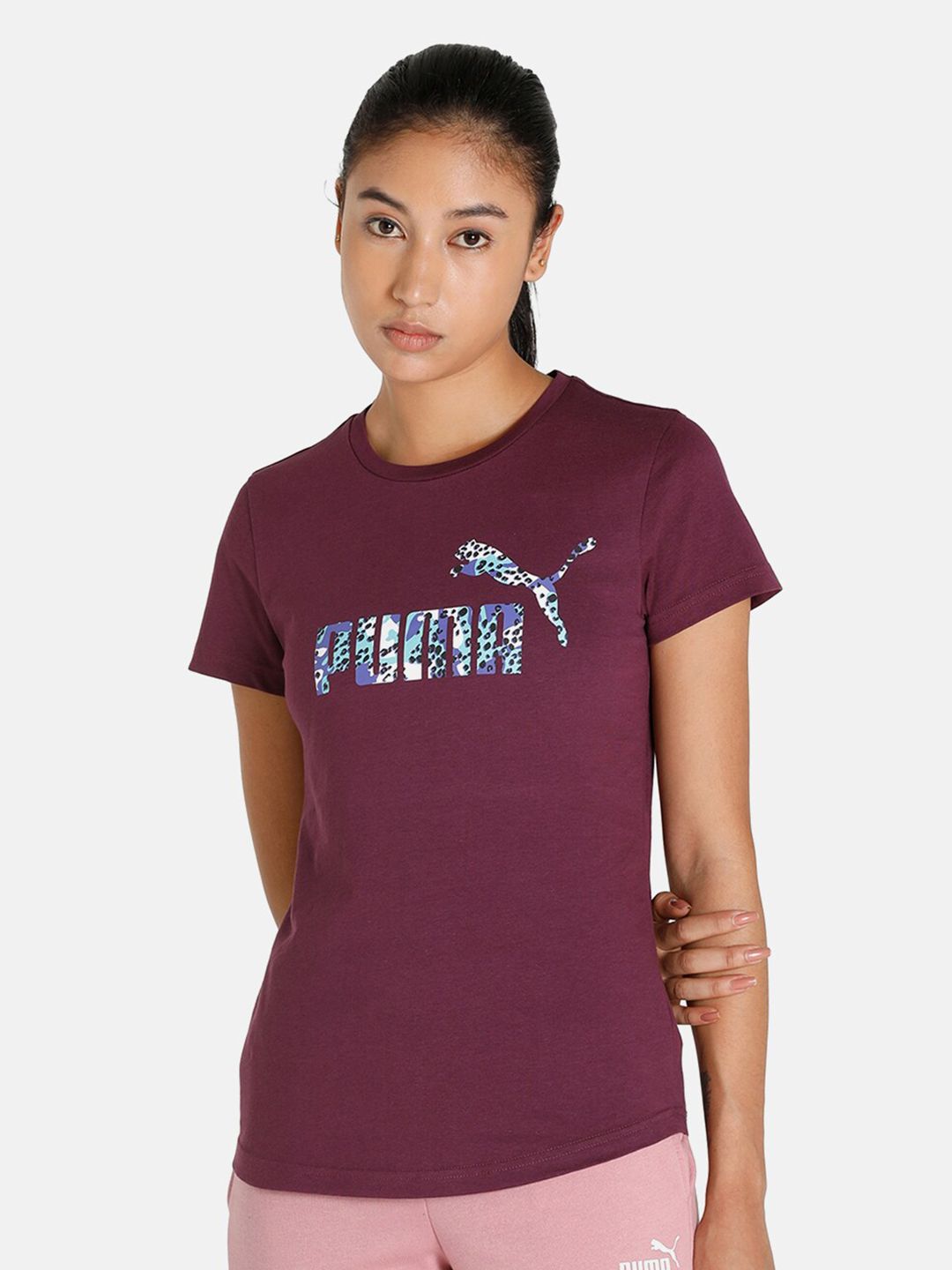 Puma Women Burgundy Leopard Logo T-Shirt Price in India