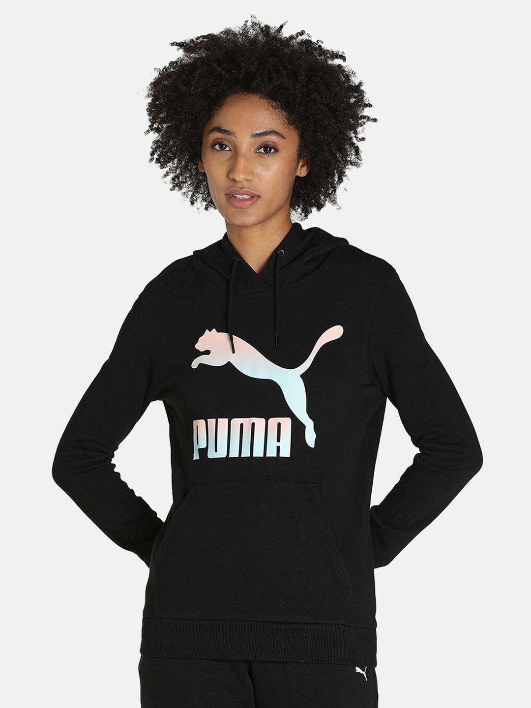 Puma Women Black Printed Hooded Cotton Sweatshirt Price in India