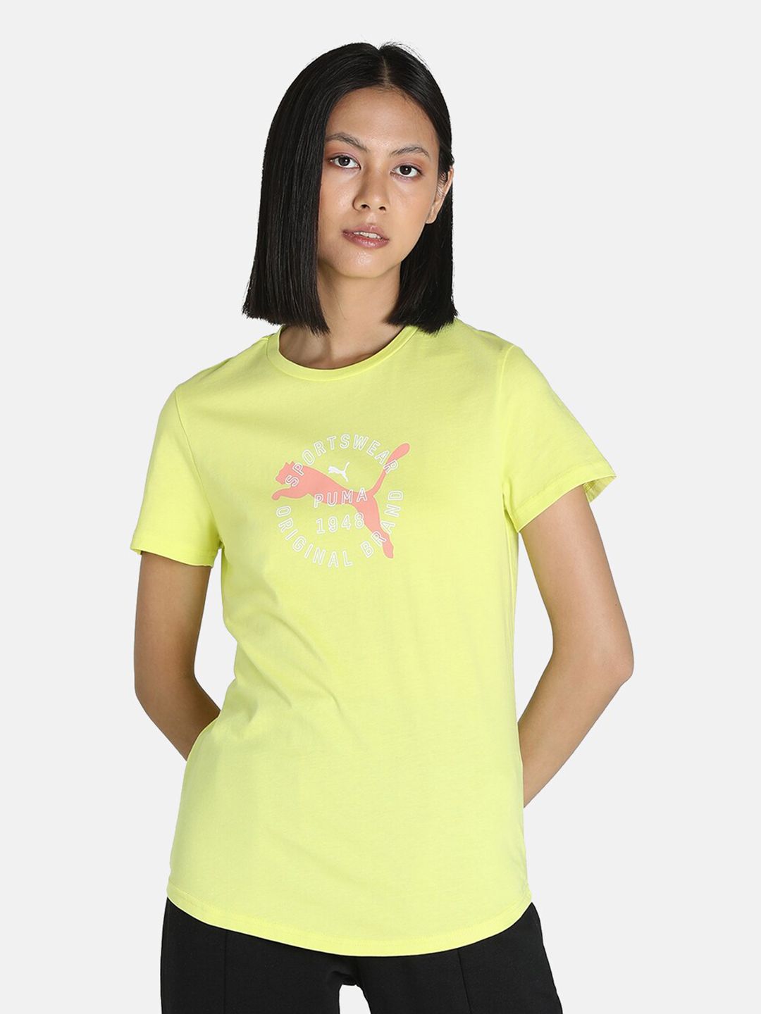 Puma Women Yellow & Pink Brand Logo Printed T-shirt Price in India