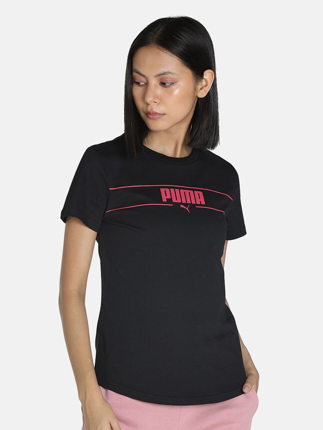 Puma Women Black Brand Logo Printed Training or Gym T-shirt Price in India