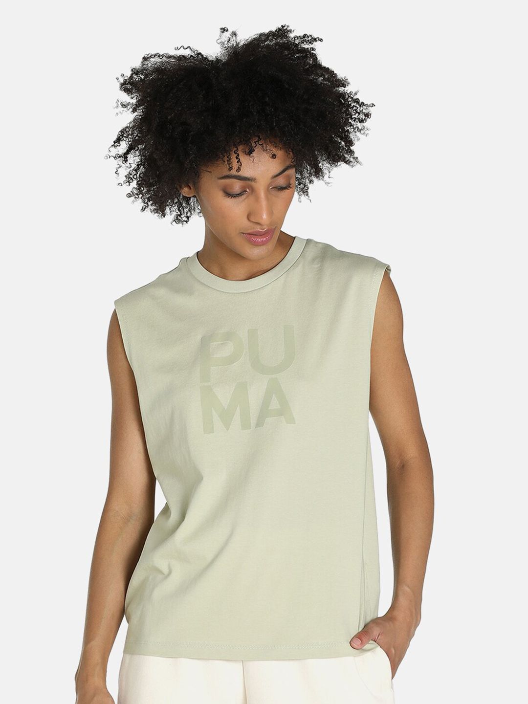 Puma Women Green Brand Logo Printed Training or Gym Cotton T-shirt Price in India