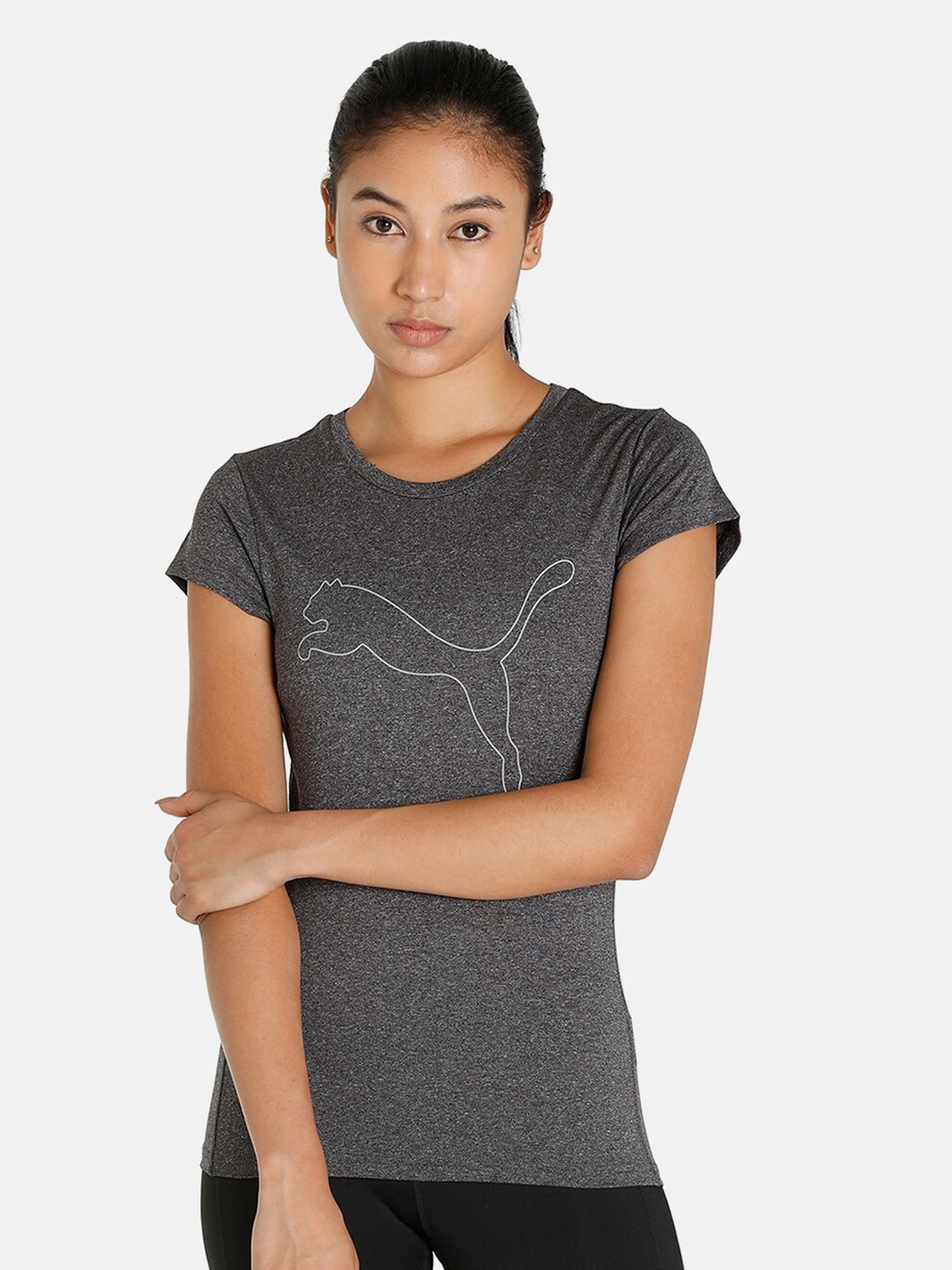 Puma Women Grey Brand Logo Printed Slim Fit Training or Gym T-shirt Price in India