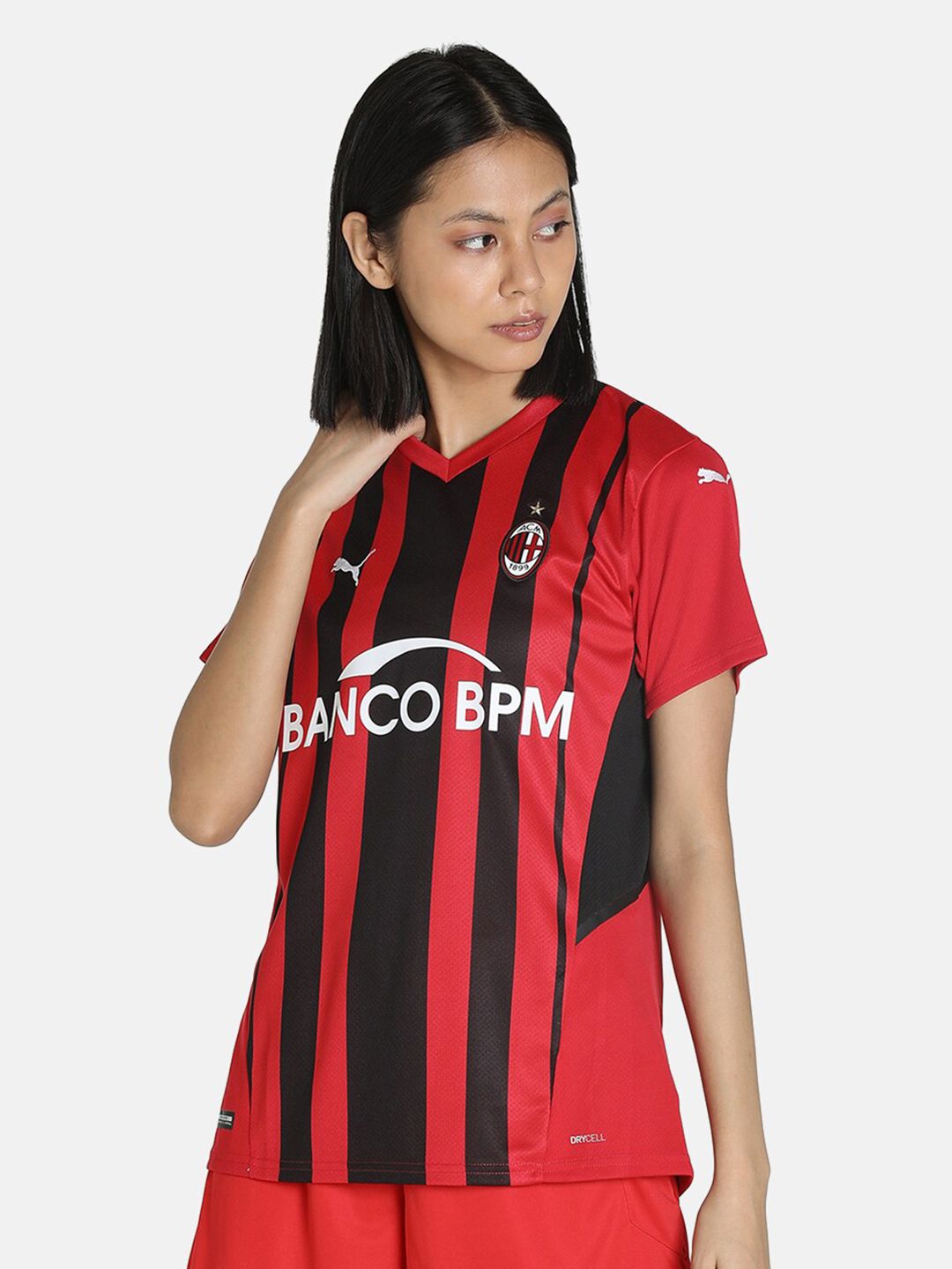 Puma Women Red & Black A C Milan Striped V-Neck Regular Fit T-shirt Price in India