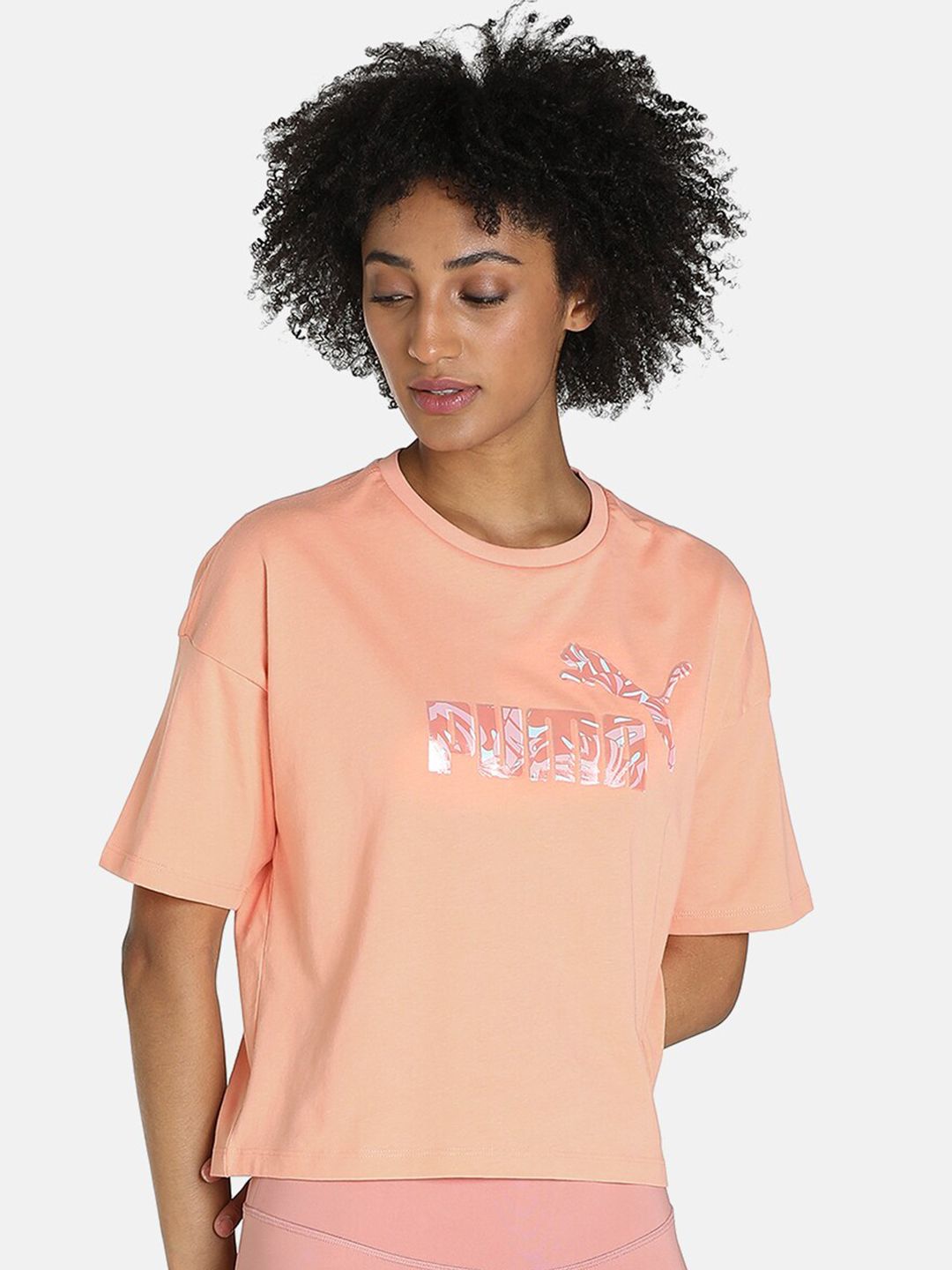 Puma Women Peach-Coloured Brand Logo Printed Loose Cotton T-shirt Price in India