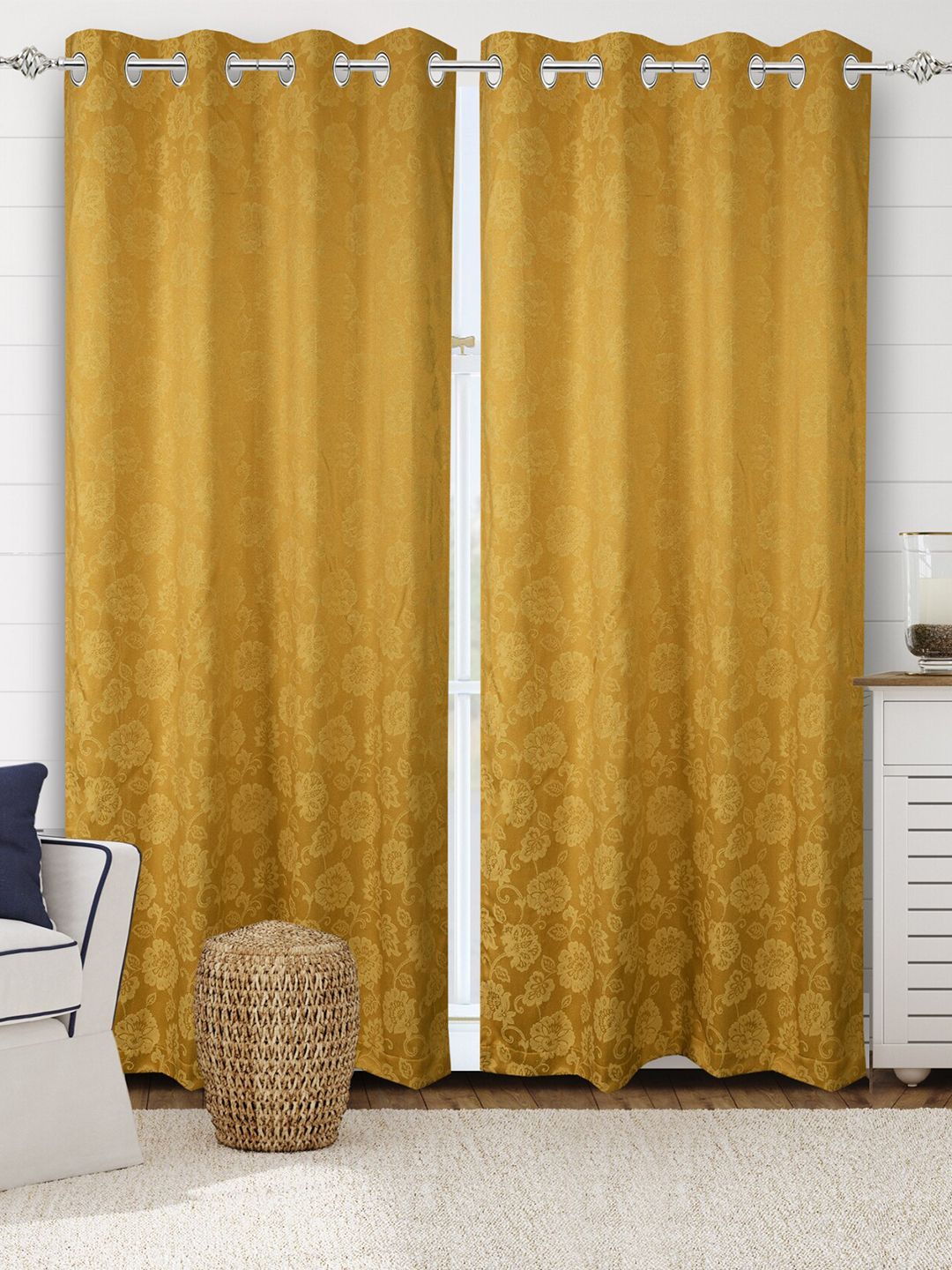Saral Home Yellow Set of 2 Floral Black Out Door Curtain Price in India
