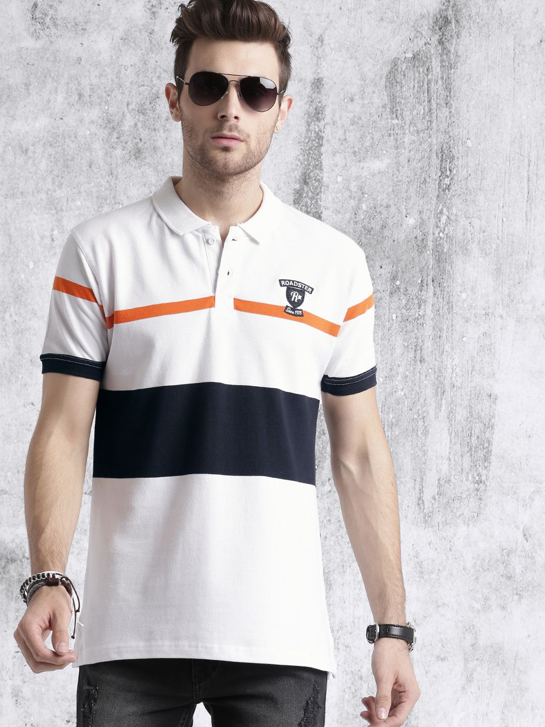 Roadster Men White Striped Polo T-shirt