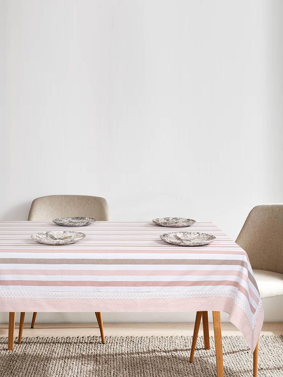 SHADES of LIFE White & Pink Striped 6 Seater Cotton Table Cover Price in India