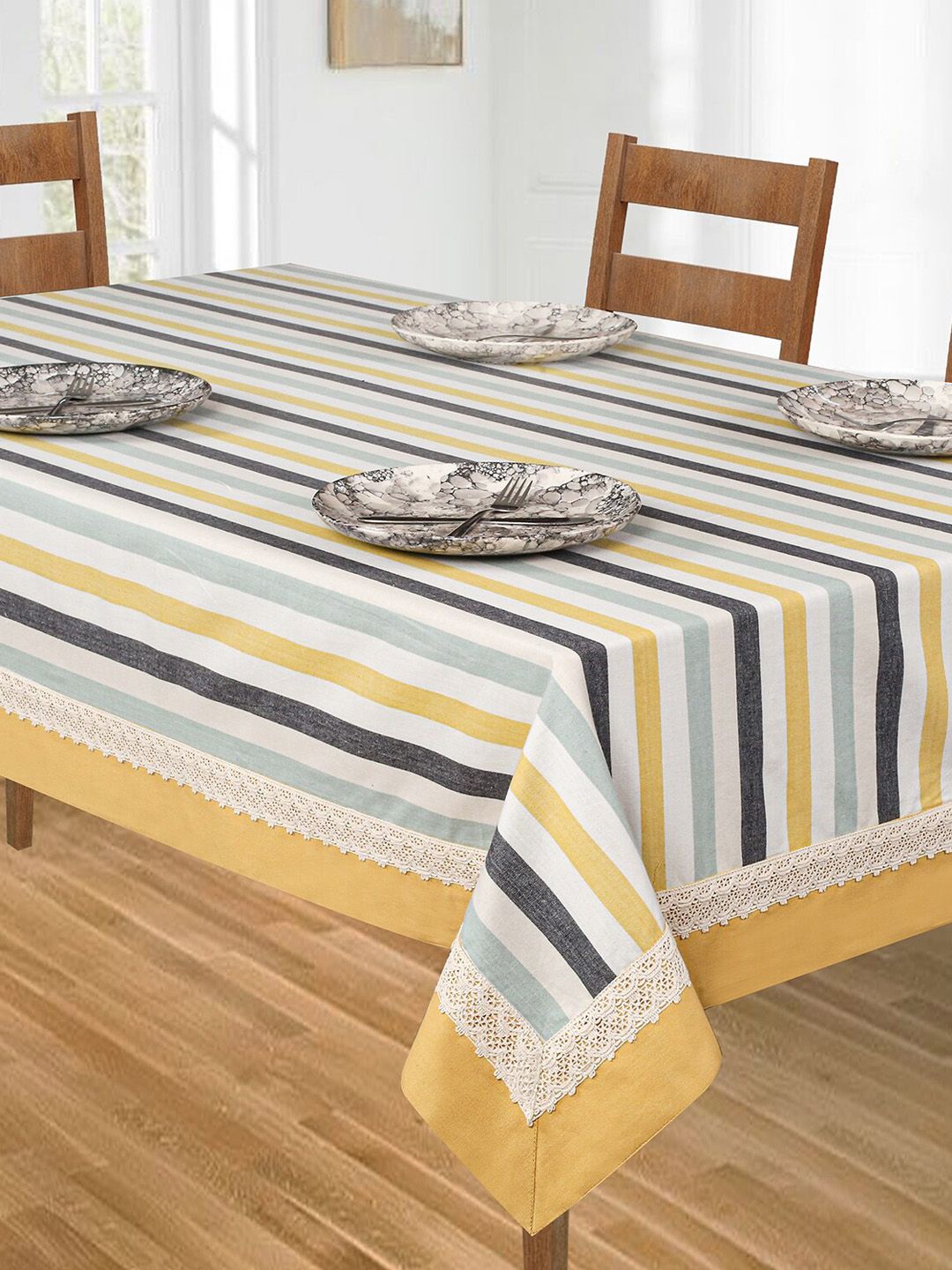 SHADES of LIFE White & Yellow Striped 6 Seater Cotton Table Cover Price in India